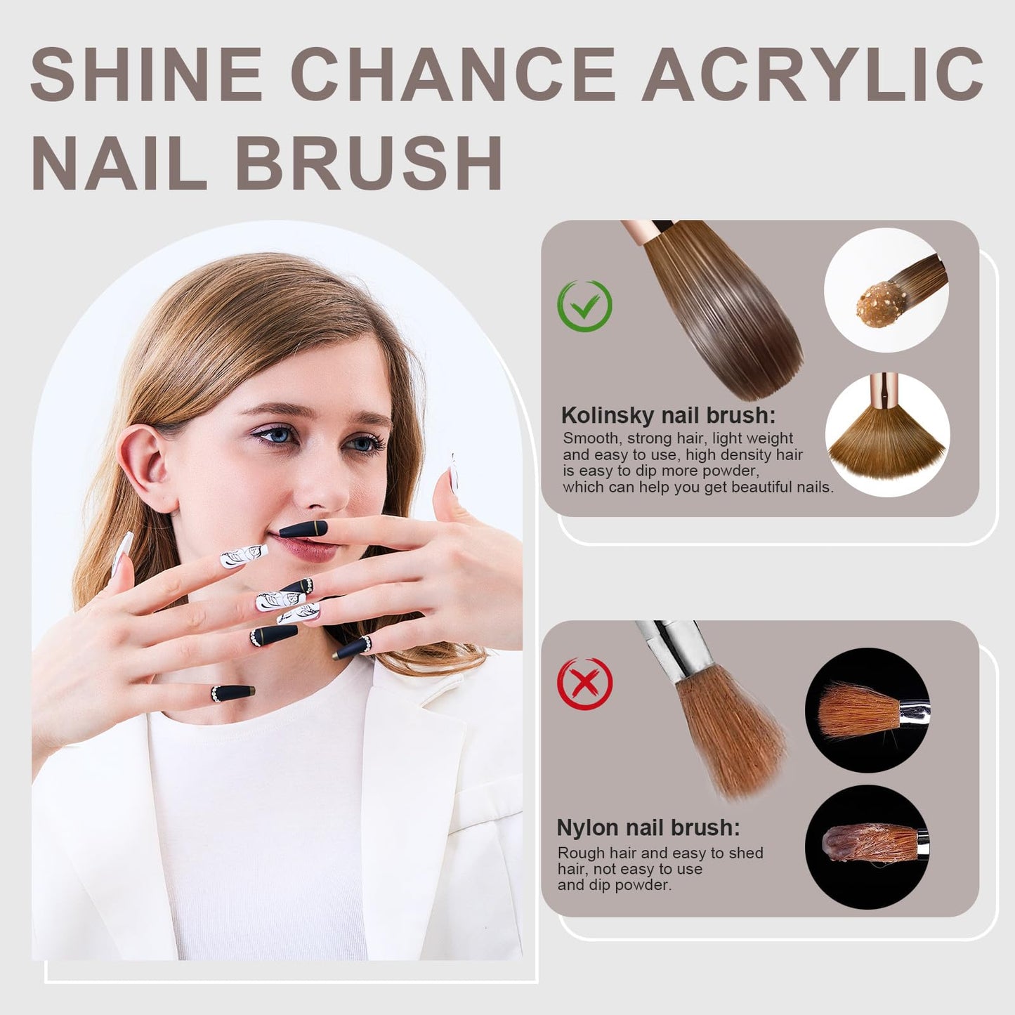 Shine Chance Acrylic Nail Brush Size 8, 100% Real Kolinsky Art Nail Brush for Acrylic Powder Application, Handmade Women Manicure Nail Extension Tool