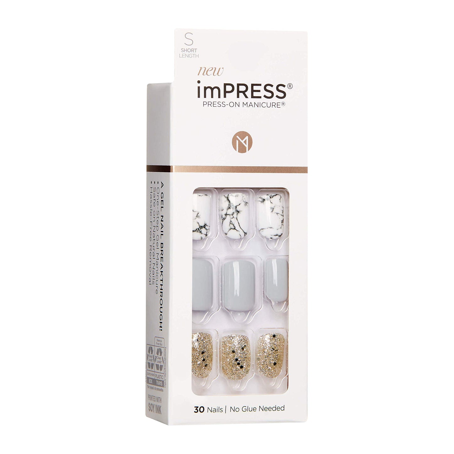 imPRESS Design, Press On Nails, Knock Out, Gray, Short, Size, Squoval, Shape, Includes 30 Nails, Prep Pad, Instructions Sheet, 1 Manicure Stick, 1