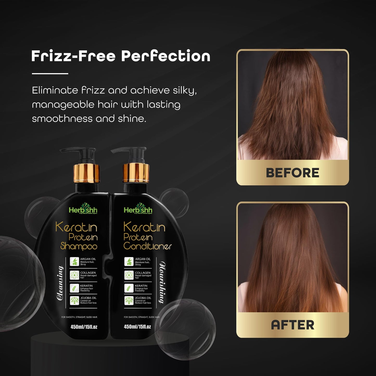 Herbishh Keratin Shampoo and Conditioner Set Anti Frizz (15 fl.oz Each) Sulfate and Paraben Free Shampoo and Conditioner Hydrating & Nourishing