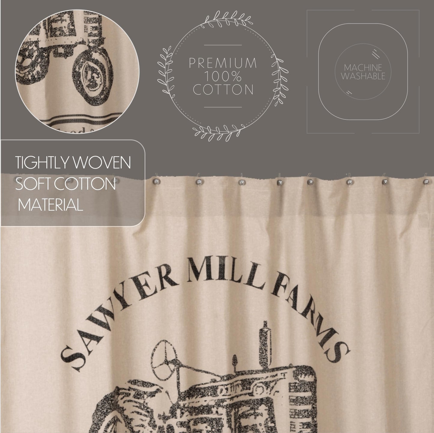 VHC Brands Sawyer Mill Charcoal Farmhouse Tan Textured Fabric Shower Curtain Bathroom Decoration 72x72