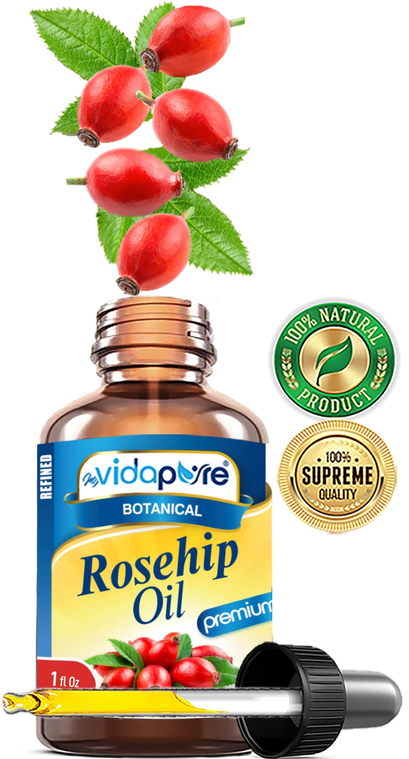 MYVIDAPURE Rosehip Oil Vitamin A, Vitamin C, Vitamen E for Wrinkles, Scars, Stretch Marks, Face, Body, Hair, Lip Care. (1 Fl Oz)