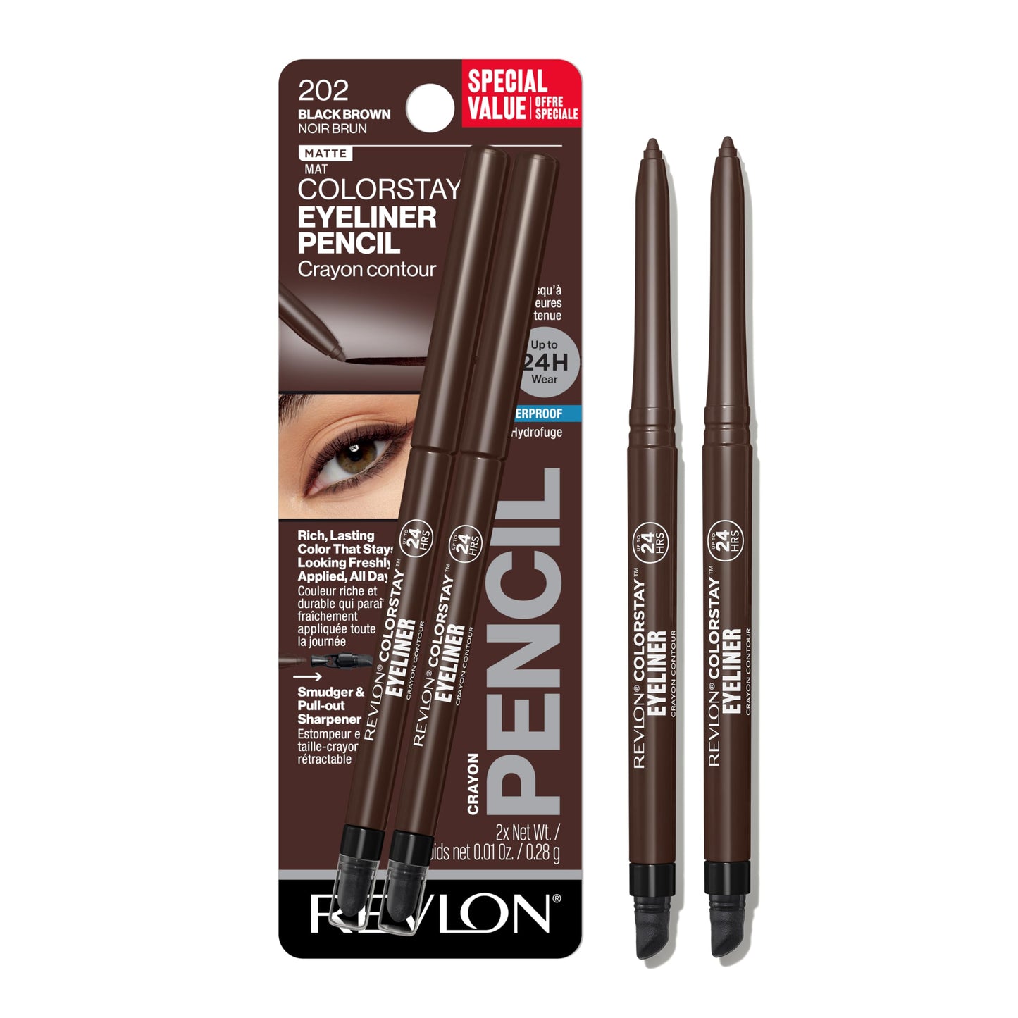Revlon ColorStay Pencil Waterproof Eyeliner, Smudge-Proof, Eye Makeup with Built-In Sharpener, Stocking Stuffer for Women, 202 Black Brown, 2 pack