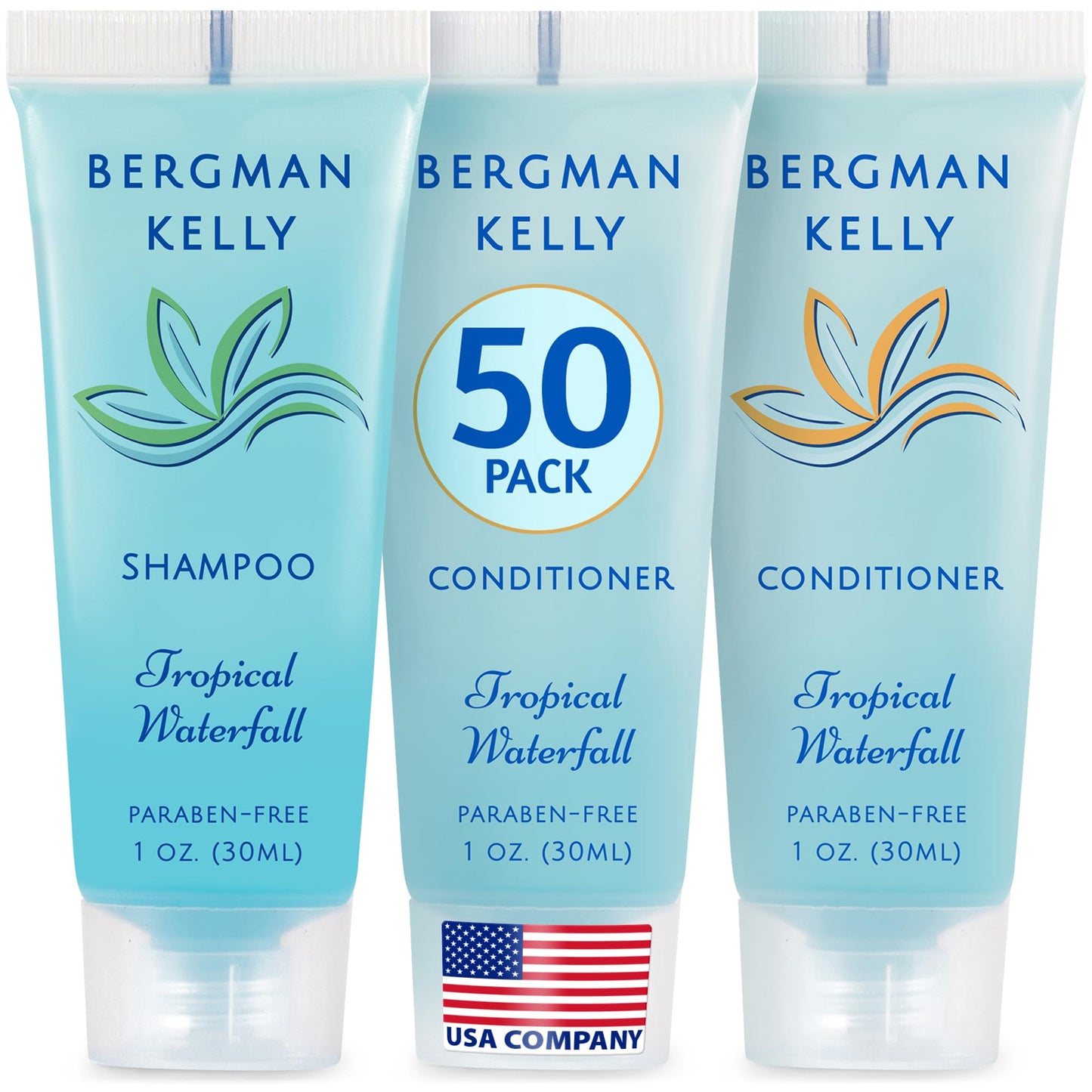 Bergman Kelly - Travel Shampoo and Conditioner Set - 1 fl oz, 100 Pieces, Tropical Waterfall - Delight Your Guests with Invigorating and Refreshing