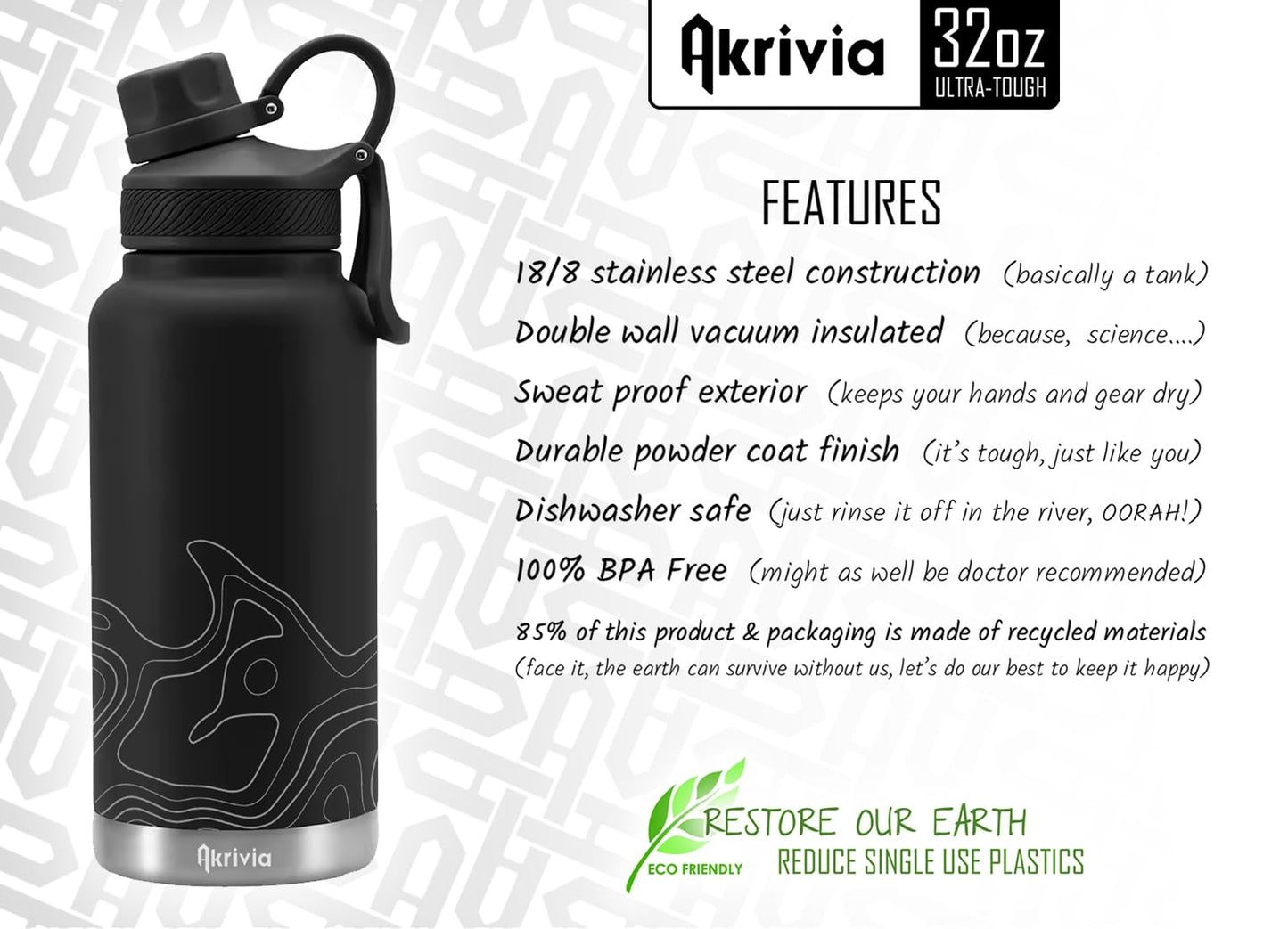 Akrivia Stainless Steel Water Bottle - Ultra Tough 32oz / 1 Liter Vacuum Insulated Double Wall Flask, Metal Canteen, (Stealth Black/Gray)