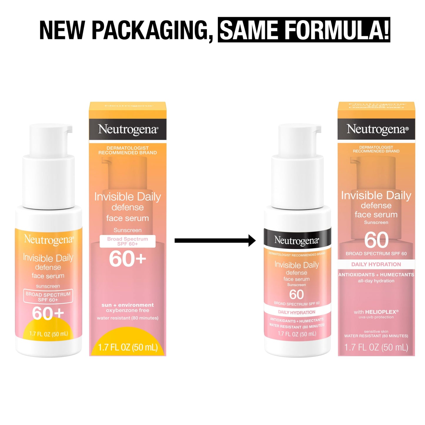 Neutrogena Invisible Daily Defense Broad Spectrum SPF 60, Antioxidants for Skin Glow, Hydrating Face Sunscreen Serum, Water Resistant (80 minutes)