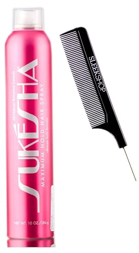 Sukesha Maximum Hold Hair Spray, ultimate hold aerosol formula (with Sleek Steel Pin Tail Comb) (10 oz / 284 gram - retail size)