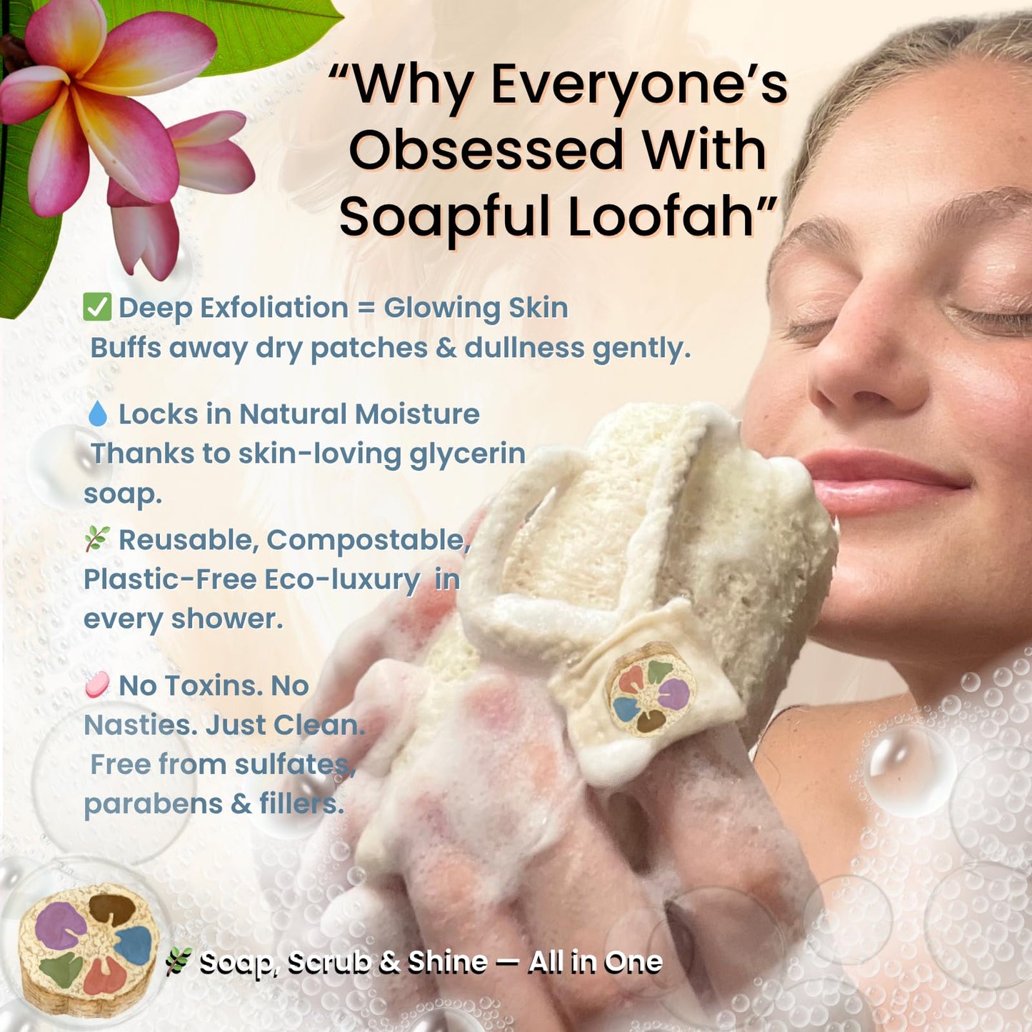 Soap Bar Loofah| Natural Loofah Sponge | Loofah Exfoliating Body Scrubber | 9-12 0z of Plumeria Scented Artisanal Handmade Natural loofah soap in a
