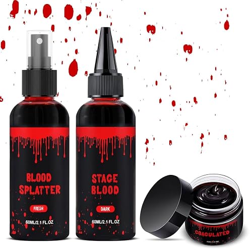 Halloween Fake Blood Makeup Kit, Blood Spray 2.1oz + Dripping 2.1oz + Coagulated 1.41oz(3PCS), Washable Realistic SFX Makeup for Cosplay, Clothes