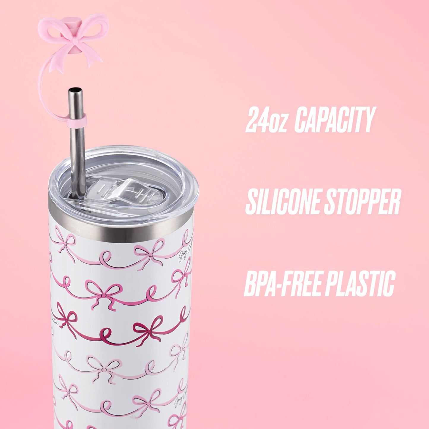 Juicy Couture Glam Slip 24oz Stainless Steel Hydration Tumbler with Straw Topper, Pink Doodle Bows