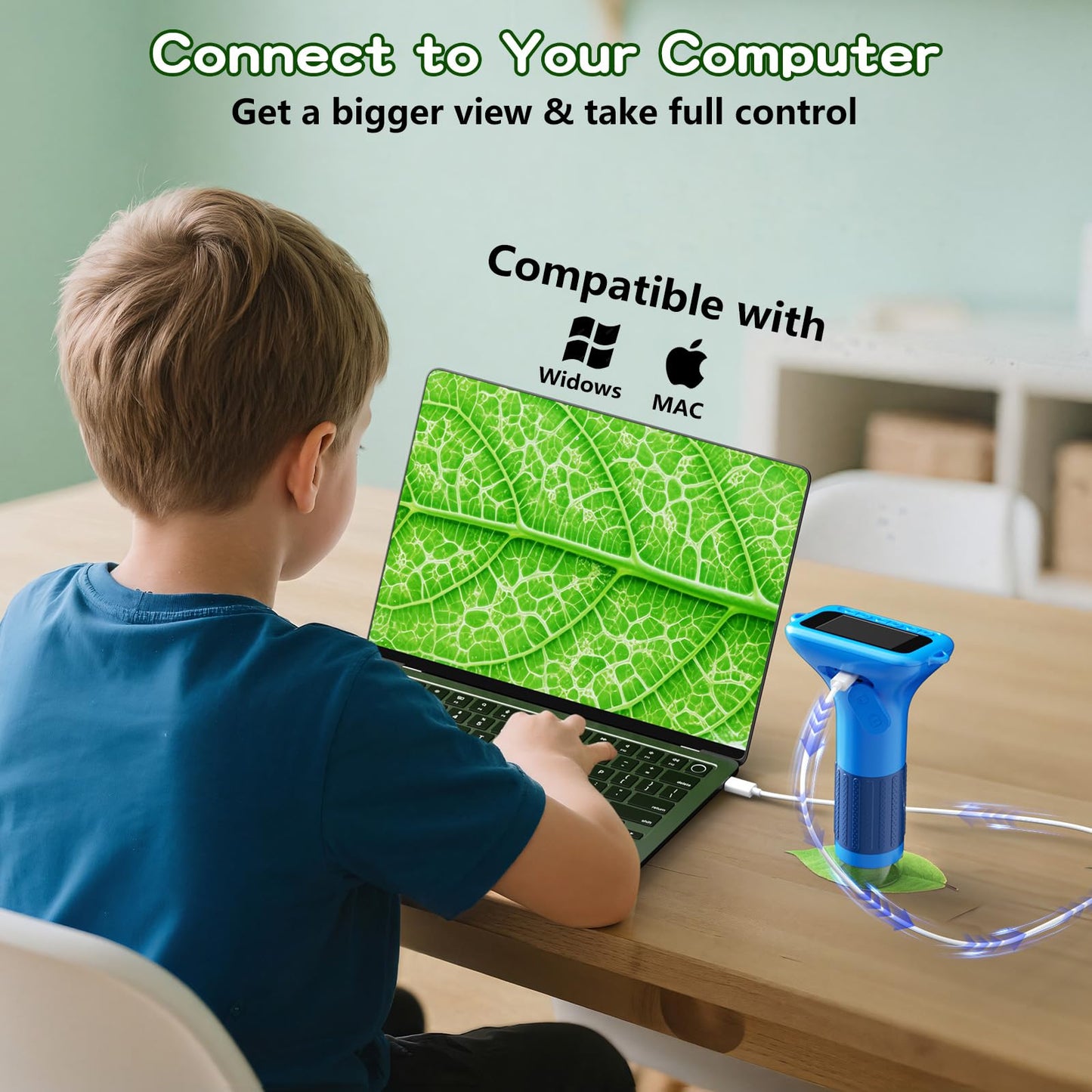 Odatay Kids Microscope – 100x-1000x 1080P Digital Handheld with 12 Slides, Portable Science Toy Gift for Boys & Girls Ages 3–12, Blue