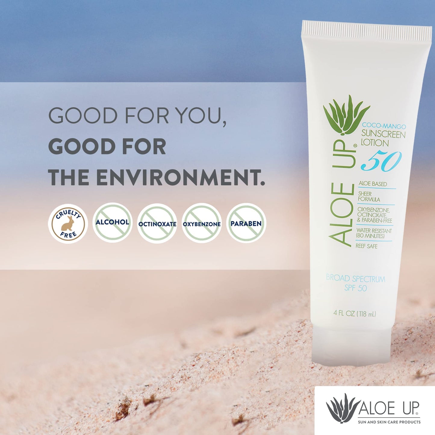 Aloe Up SPF 50 Sunscreen for Sensitive Skin – Broad Spectrum Face & Body Sunblock with Aloe Vera, Reef-Safe, Hydrating Coco-Mango, 4oz