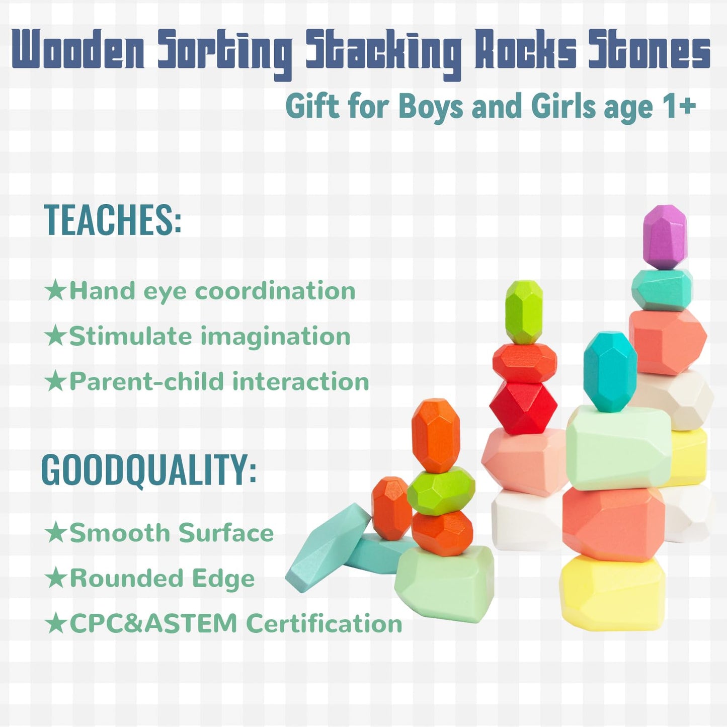 WOODENFUN 48pcs Wooden Stacking Rocks – Montessori Sensory STEM Building Blocks Game for Kids Ages 3-6, Educational Birthday Gift