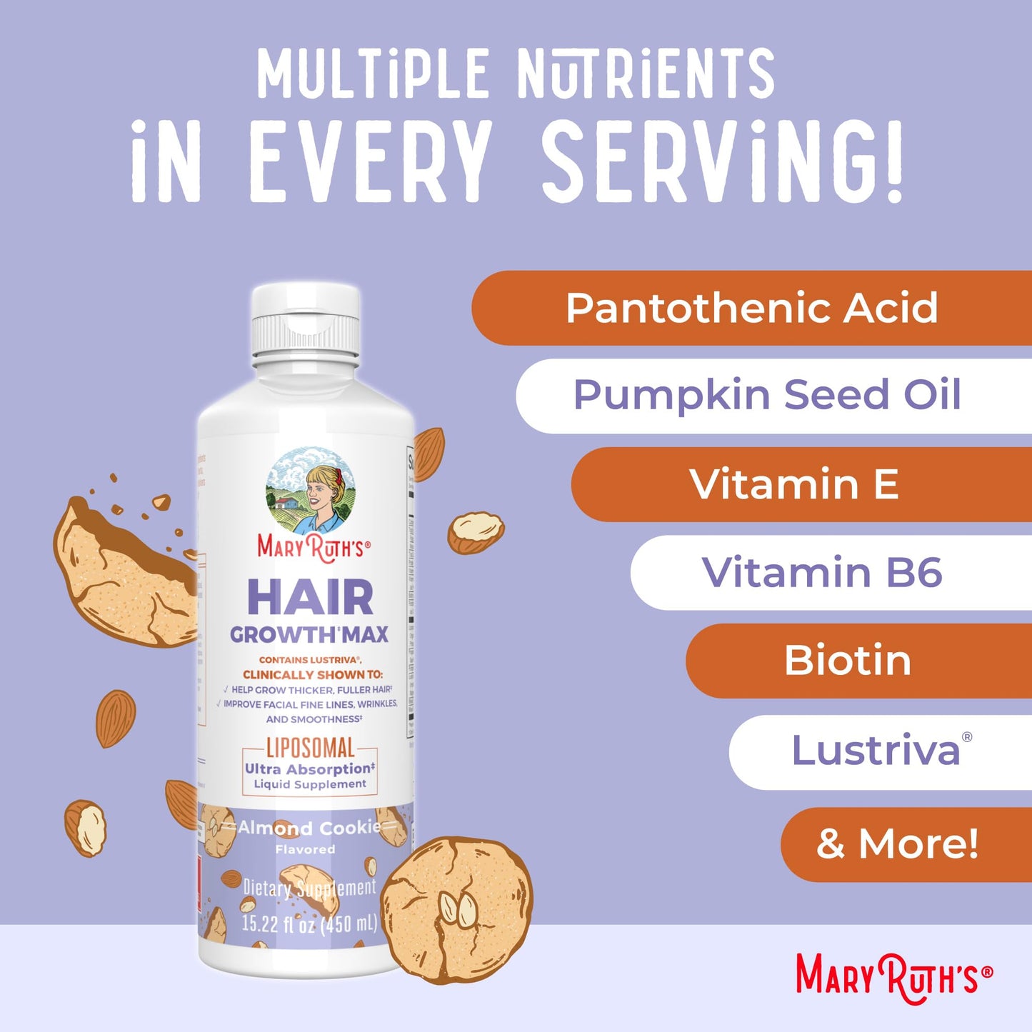 MaryRuth Organics Women's Hair Growth MAX Liposomal | with Lustriva® + Biotin 10000mcg + Pumpkin Seed Oil | Thicker Hair | Hair Care