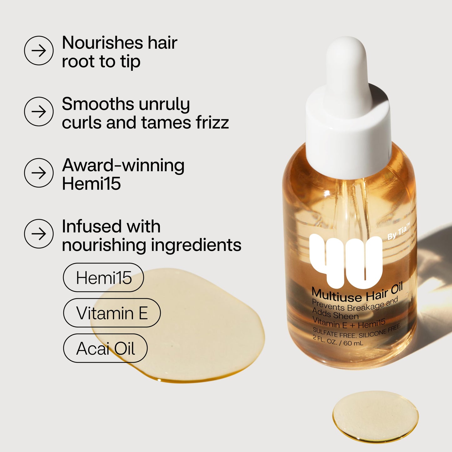 4U by Tia Multi-Use Hair Oil - 3A-4C Hair Type HEMI15 & Vitamin C Hair Balm - Nourish, Repair, Frizz Control, Natural Ingredients (2 fl oz)