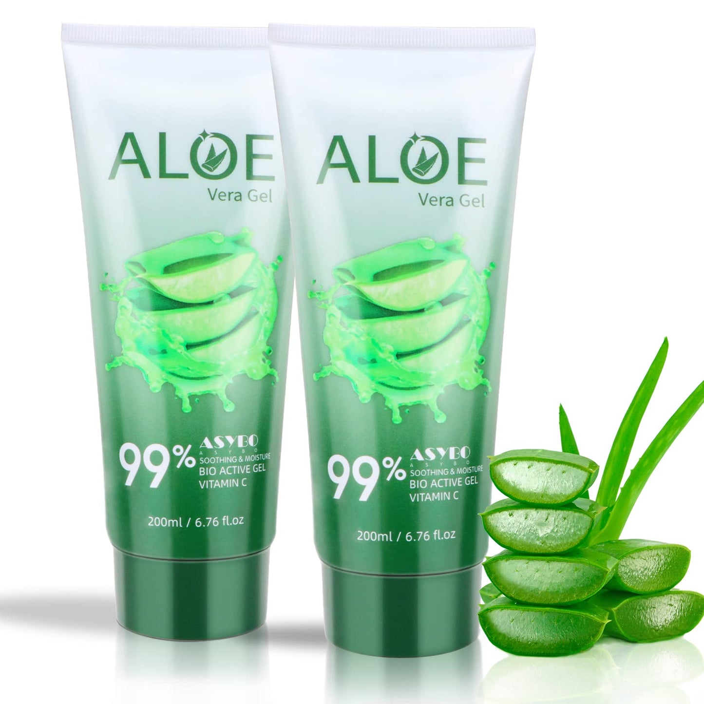 ASYBO 200x2 ML Aloe Vera Gel - 99% Organic Pure Aloe Vera Hydrating Face & Body Moisturizer, Natural Aloe Cream for Dry Skin, Sunburn, Acne, Soothing