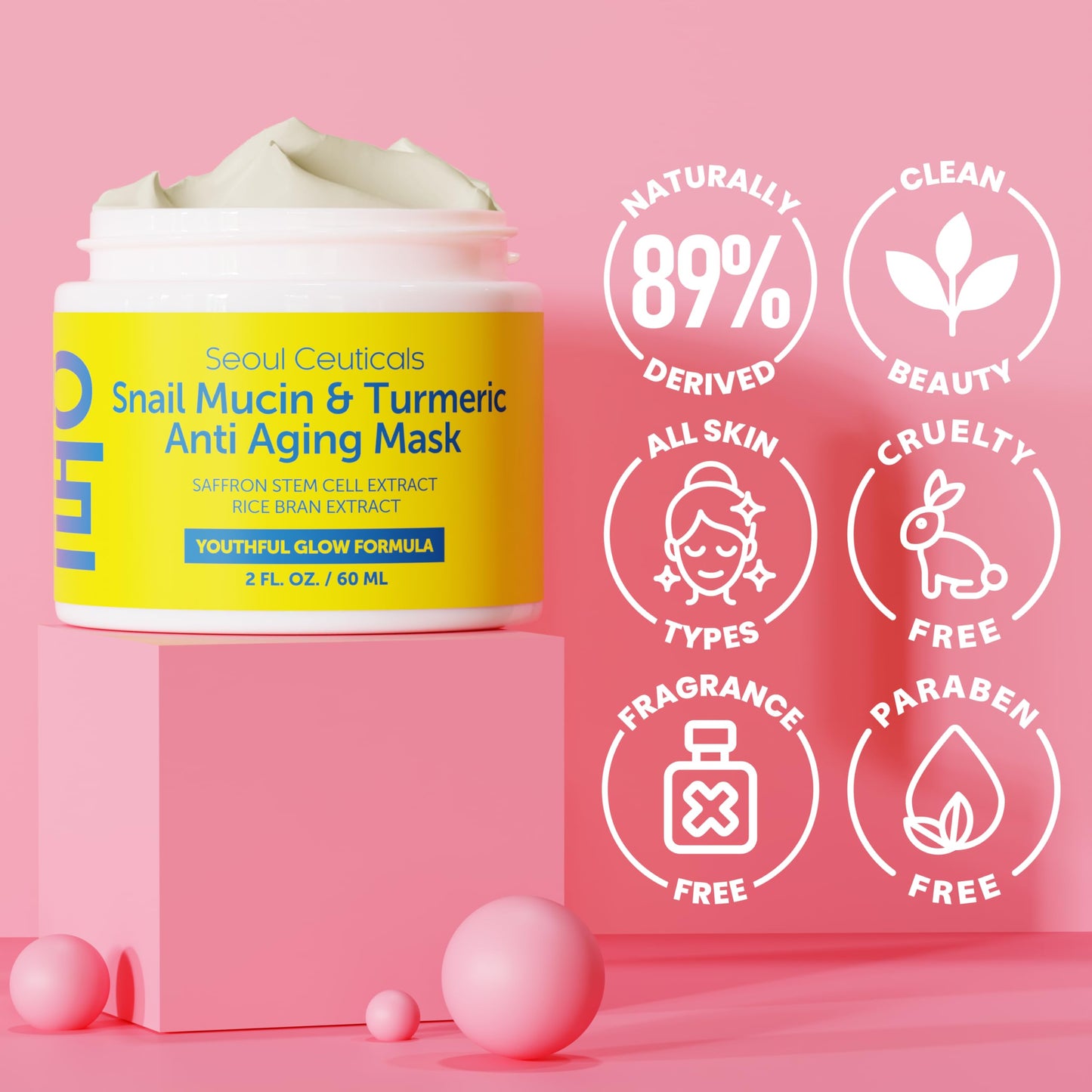SeoulCeuticals Korean Face Mask Skin Care - Snail Mucin Turmeric Mask for Face - Cruelty Free K Beauty Anti Aging Face Mask for Healthy, Youthful Glow