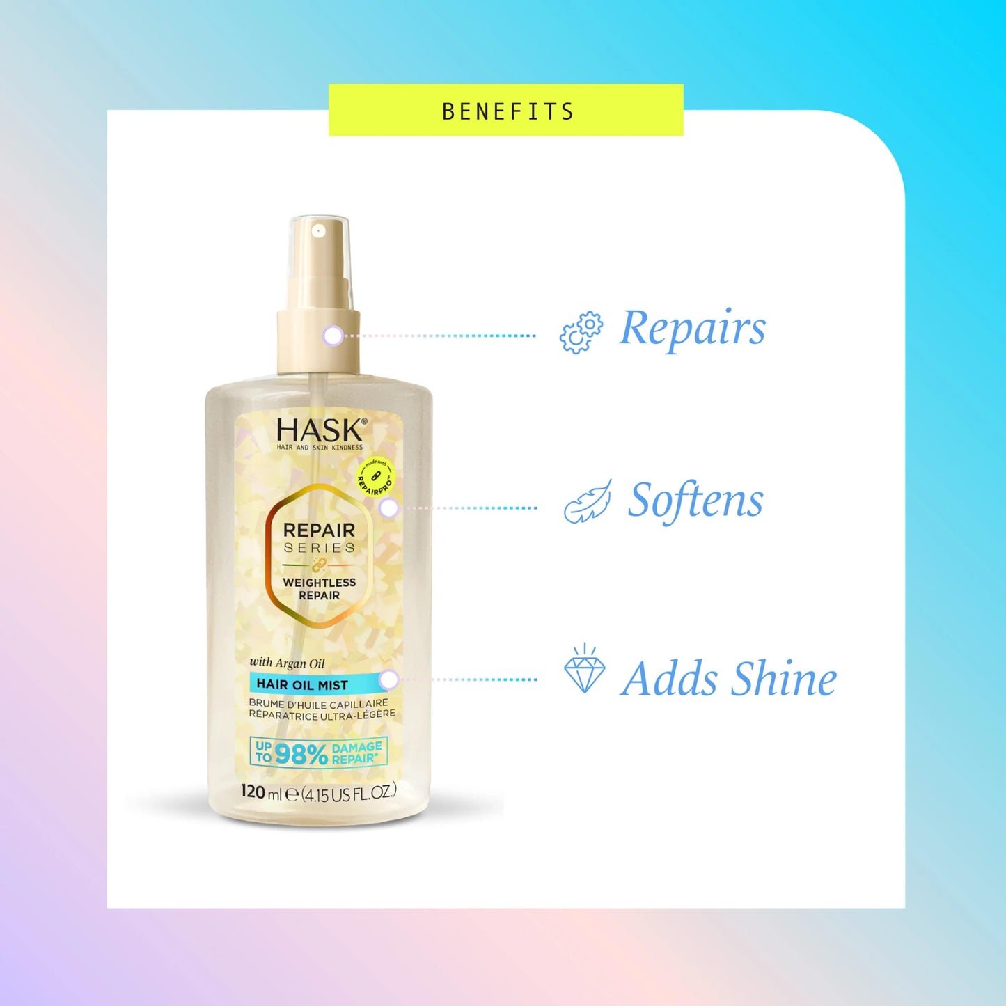 HASK Repair Series Weightless Repair Hair Oil Mist | Repairs Damage, Lightweight Hydration, Adds Shine | Vegan, Cruelty Free, Color Safe