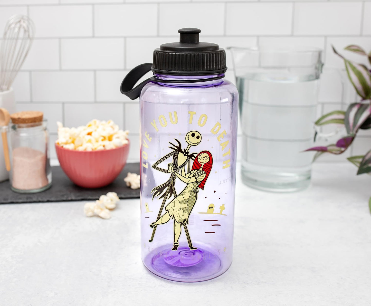 Disney The Nightmare Before Christmas Love You To Death Plastic Water Bottle With Spill-Resistant Sports Cap Lid | Holds 34 Ounces