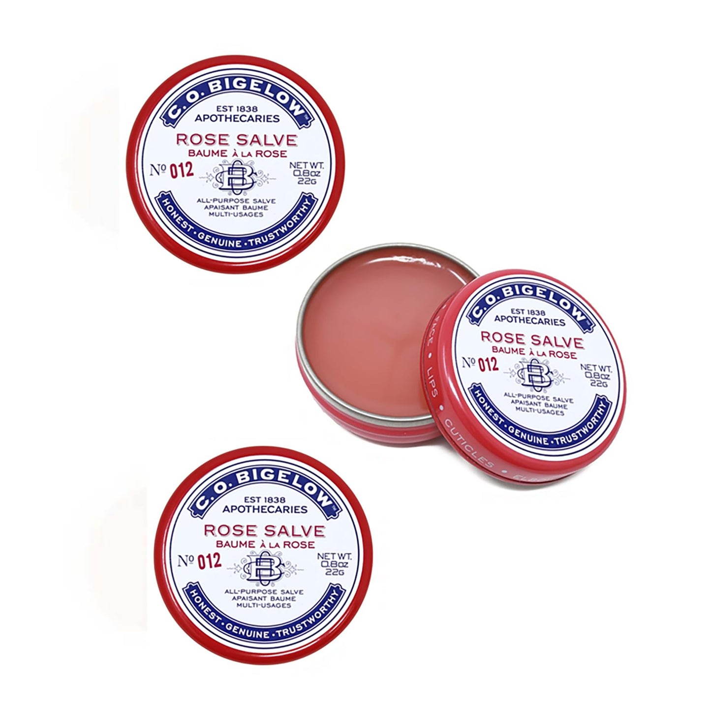 C.O. Bigelow Rose Salve Tins, Pack of 3 Lip Balm Tins, All Purpose Salve for Lips, Cuticles, Hands & Dry Skin, Lip Balm Set, 0.8 oz