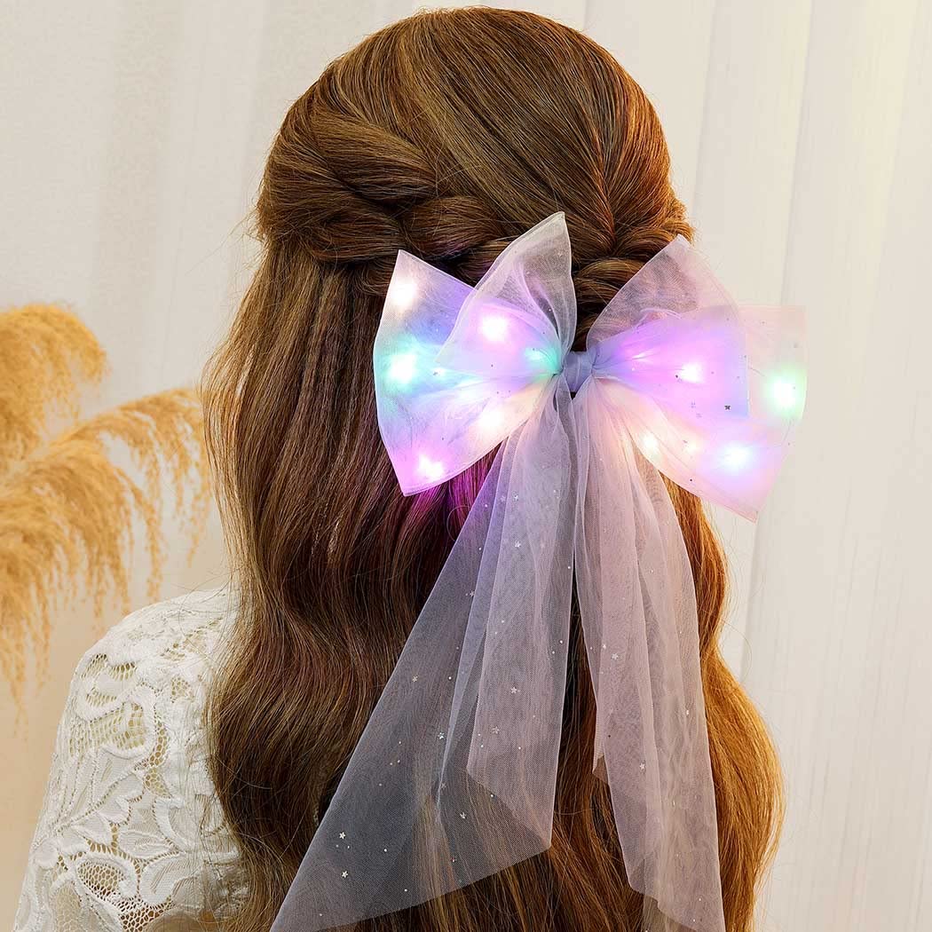 JEAIRTS Light Up Hair Bow Glowing Led Rainbow Tulle Bows for Women