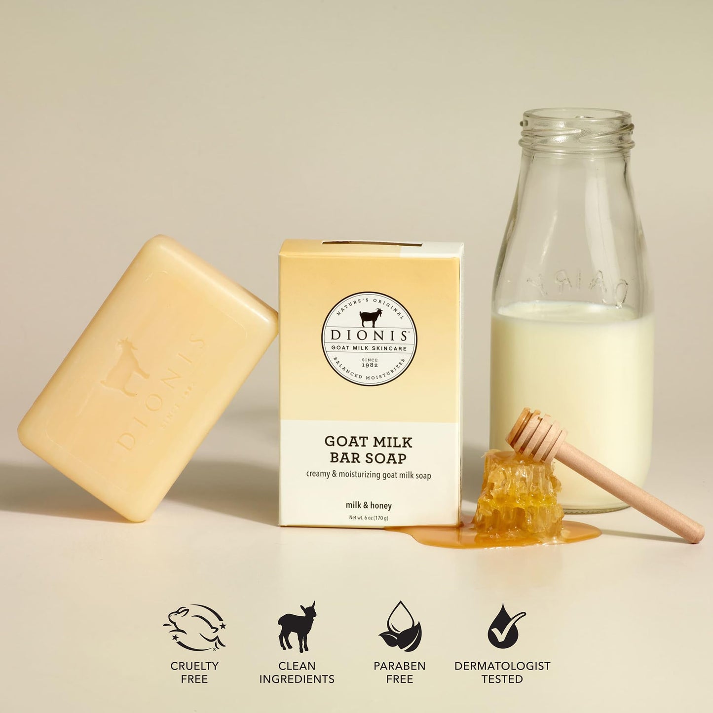 Dionis Goat Milk Skincare 6oz Milk & Honey Scented Hand & Body Bar Soap - Moisturize, Restore, for All Skin Types, Non Greasy, No Residue - Cruelty