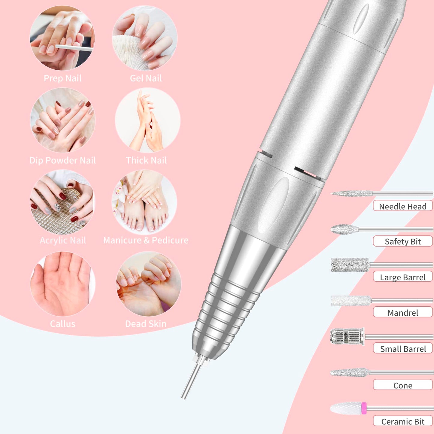 MOCOWIND Portable Nail Drill Professional 35000 RPM, Rechargeable Electric Nail File Machine Cordless E-File for Acrylic Gel Polishing Removing Beauty and Personal Care MOCOWIND