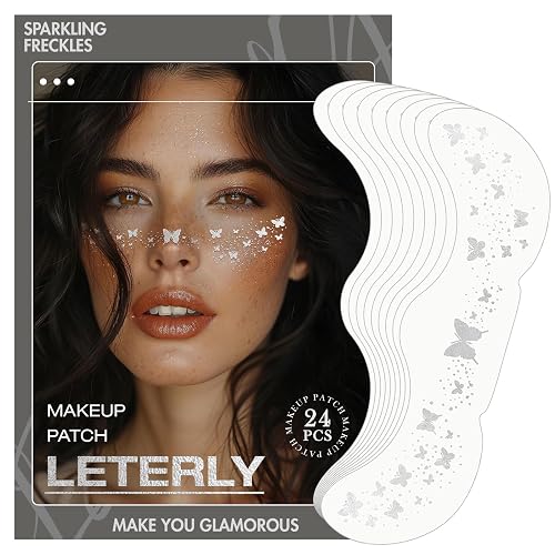 Leterly 24 Pcs Glitter Freckles Face Tattoo,Silver Face Glitter Makeup Patches Cute Sparkle Freckles Patches Waterproof Makeup Speckles for Face