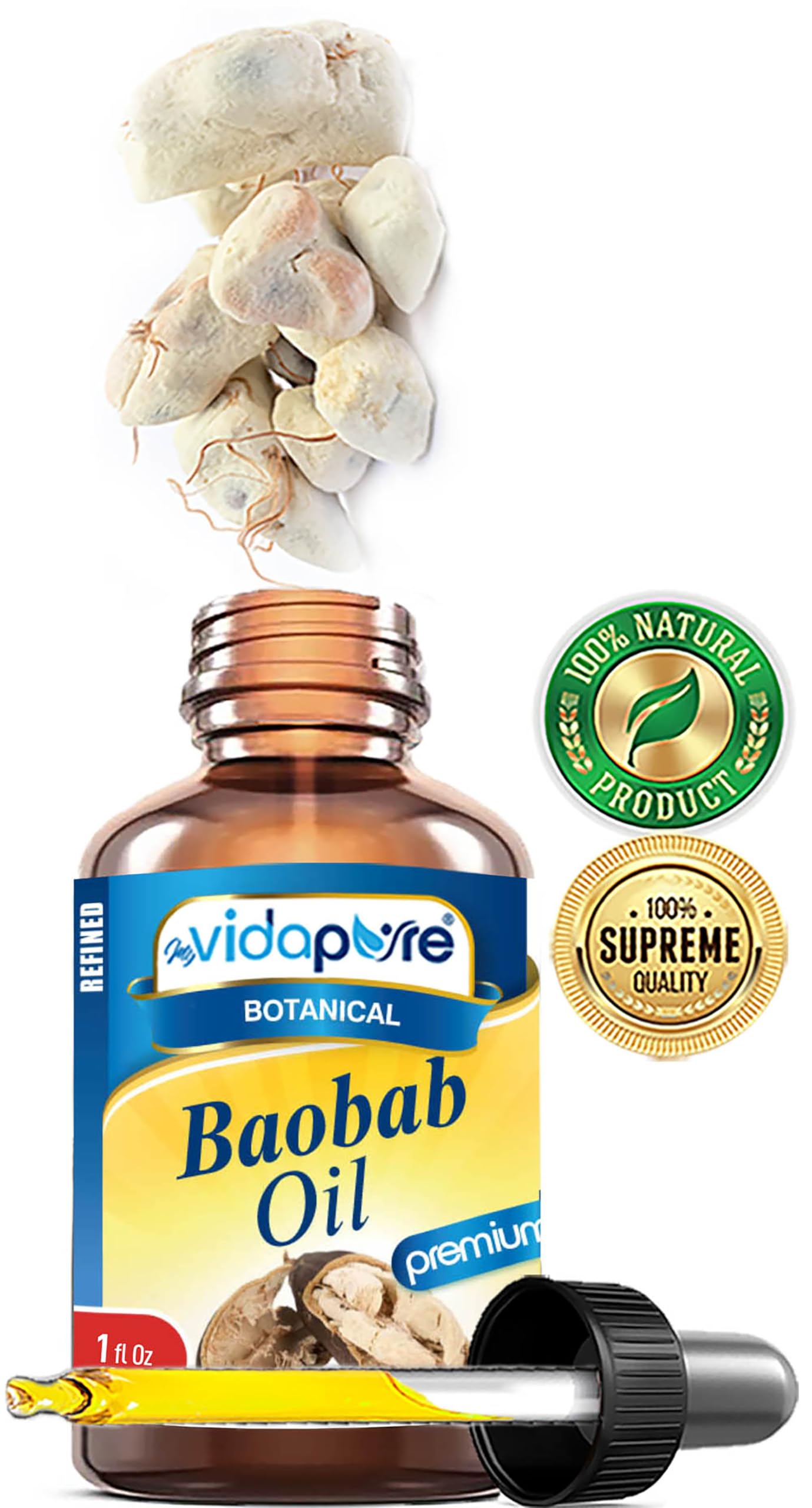 MYVIDAPURE 100% Pure BAOBAB OIL WILD GROWTH RAW for Skin, Hair, Lip and Nail Care. (1 Fl Oz)
