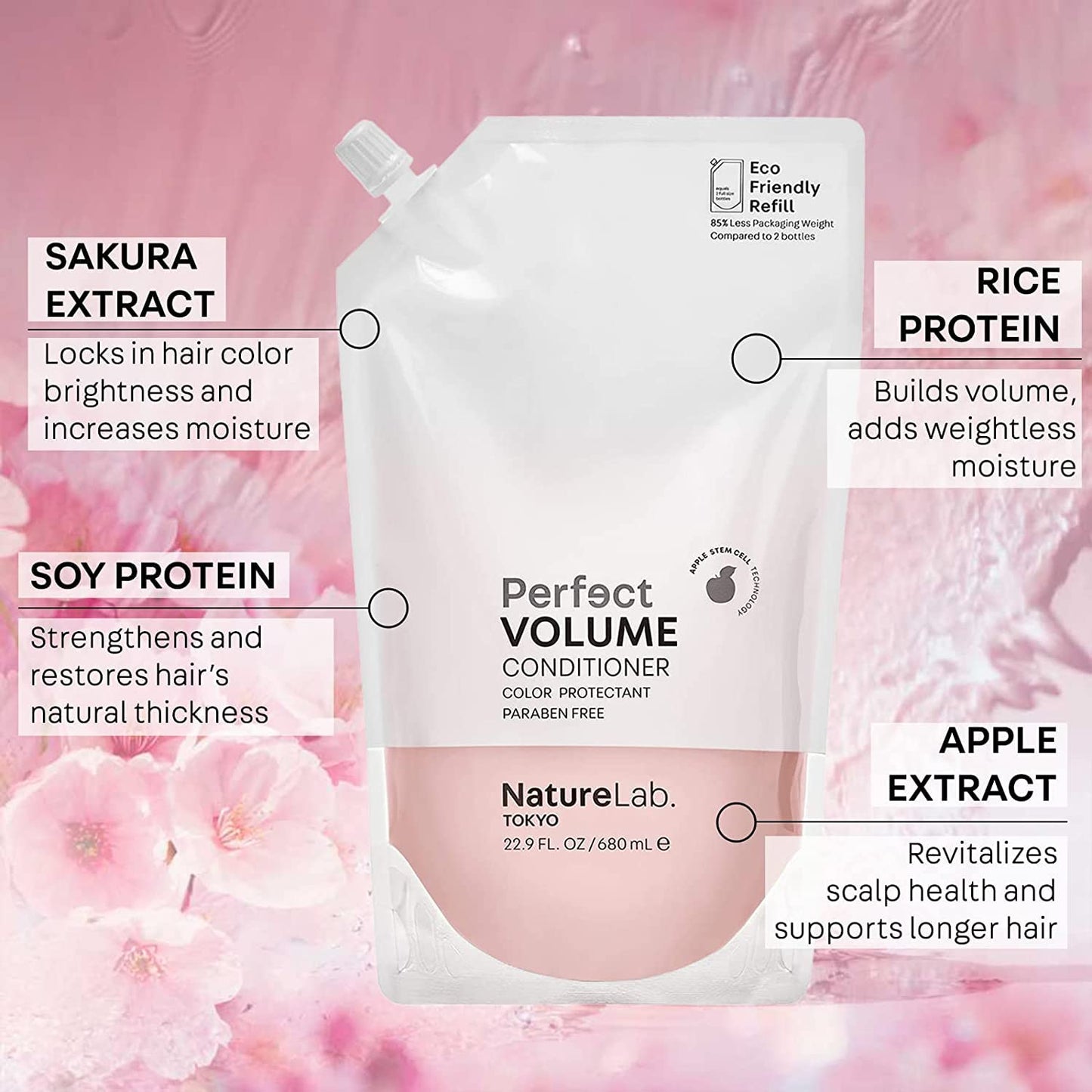 NatureLab.TOKYO Perfect Volume Shampoo & Conditioner : Eco-Friendly Refill Pouch Duo: Hair Volumizer, Build Lift, and Body to Flat, Fine, or Limp Hair