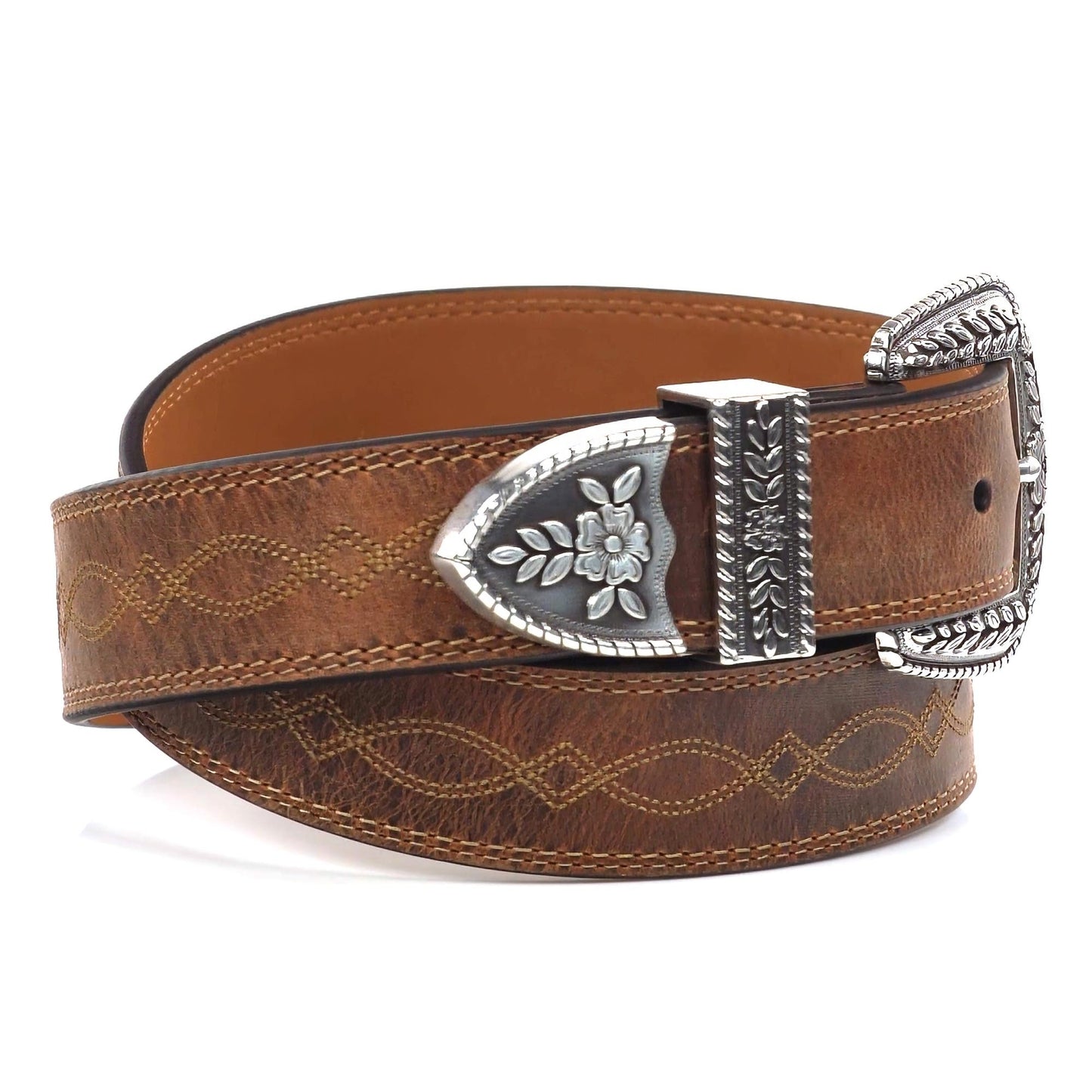 ARIAT Women's Center Stitch Leather Tapered Belt with Removable Antiqued Silver Buckle (Brown, Size 34)
