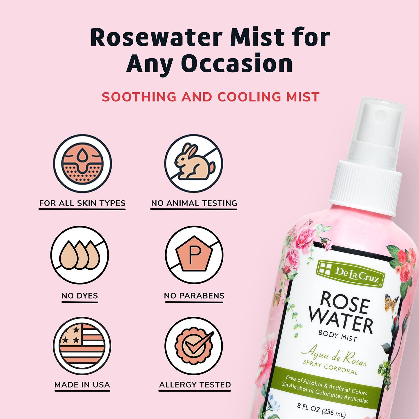 De La Cruz Rose Water Spray, No Parabens or Artificial Colors, Vegan, Made in USA 8 FL. OZ. (2 Bottles)