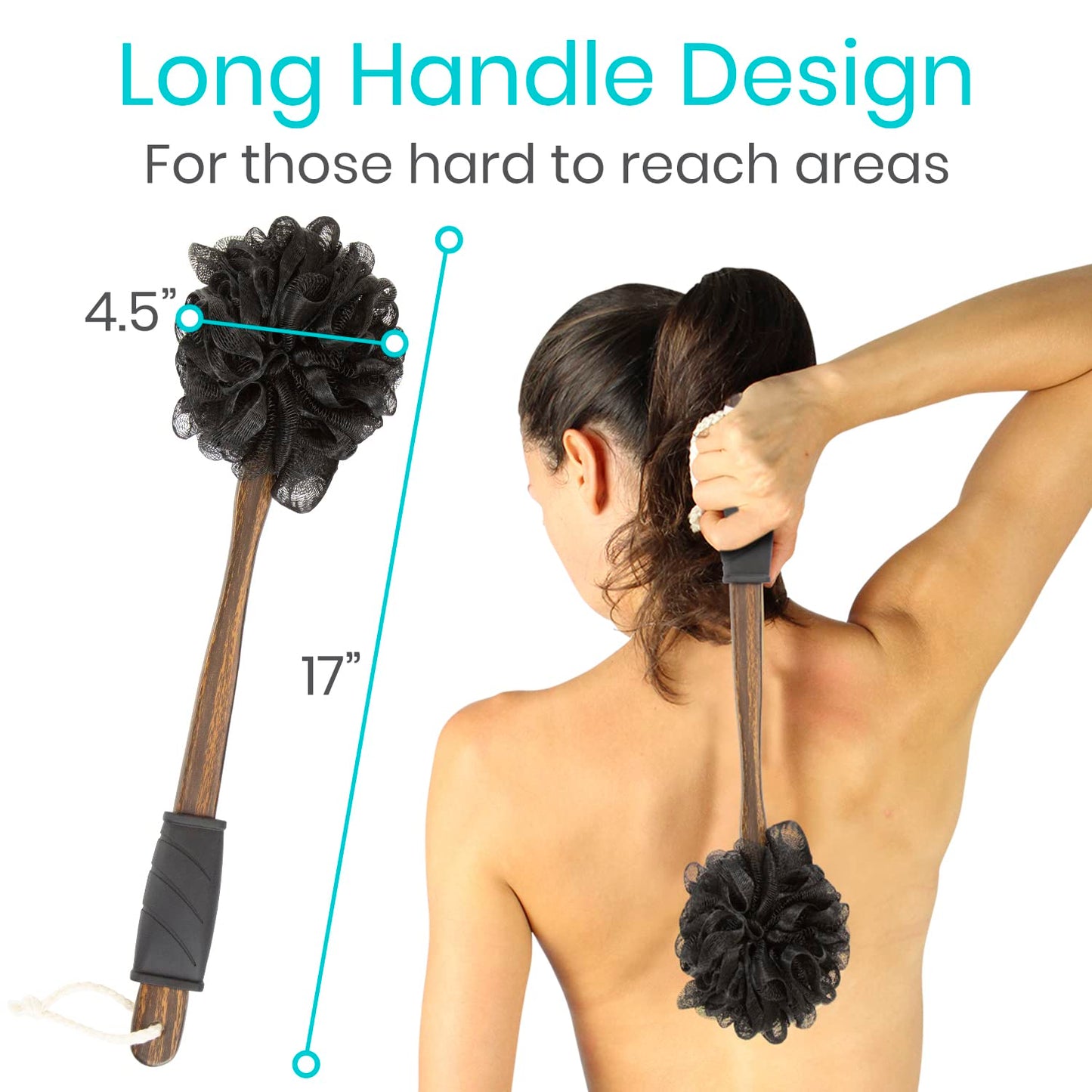 Vive 17” Shower Loofah with Long Handle - Exfoliating Back & Body Scrubber for Men & Women - Luffa Sponge on a Stick for Bathing, Cleaning - Includes