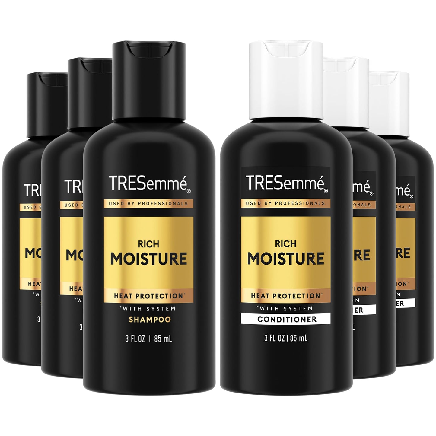 TRESemmé Travel Essentials, Rich Moisture Shampoo 3-Pack + Conditioner 3-Pack - Moisturizing Hair Care with Hyaluronic Acid, Paraben-Free, 3 Oz Ea