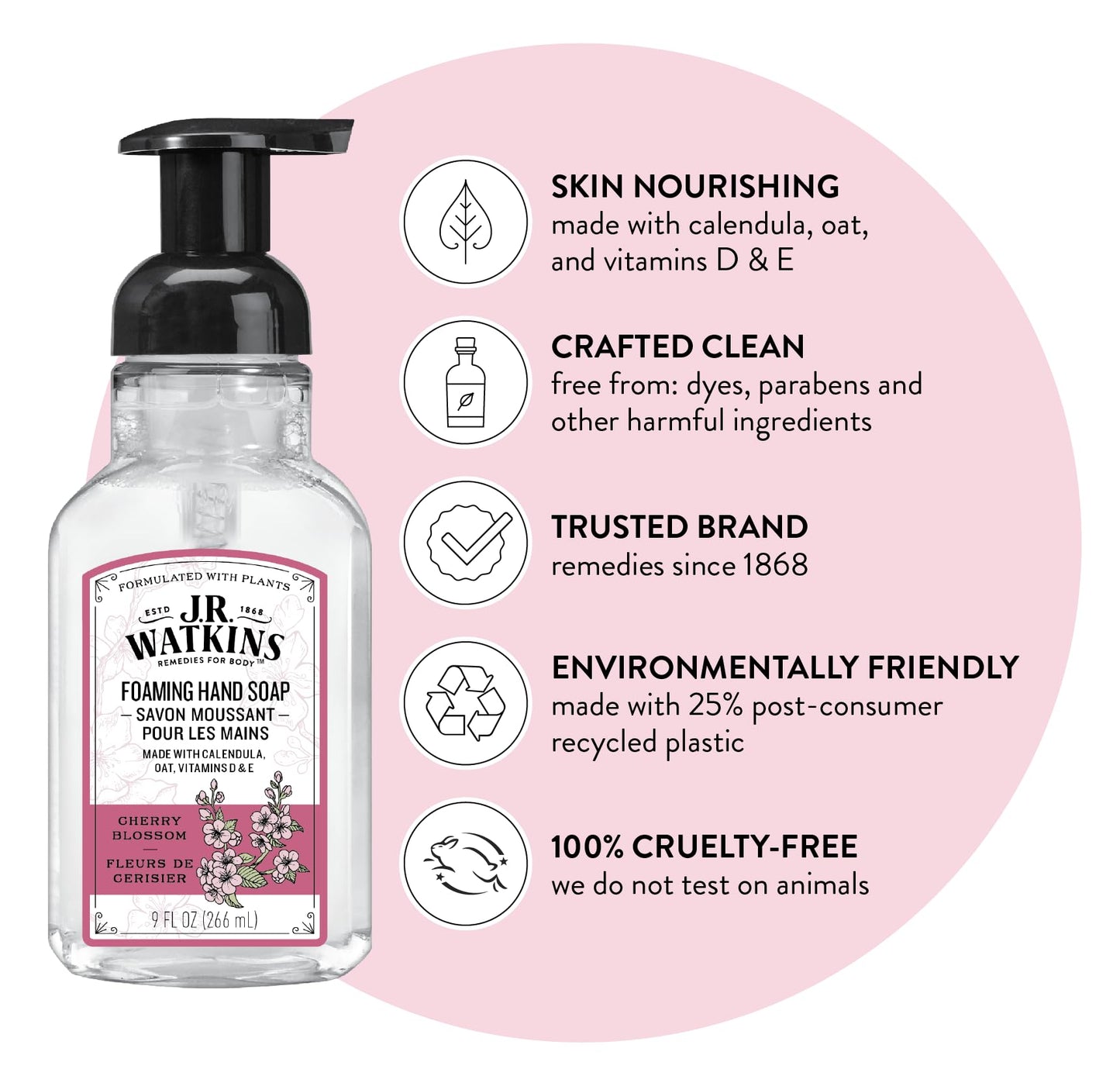 J.R. Watkins Foaming Hand Soap Pump with Dispenser, Moisturizing Foam, Alcohol-Free, Cruelty-Free, Use as Kitchen or Bathroom Soap, Fleurs de Beauty and Personal Care J.R. Watkins