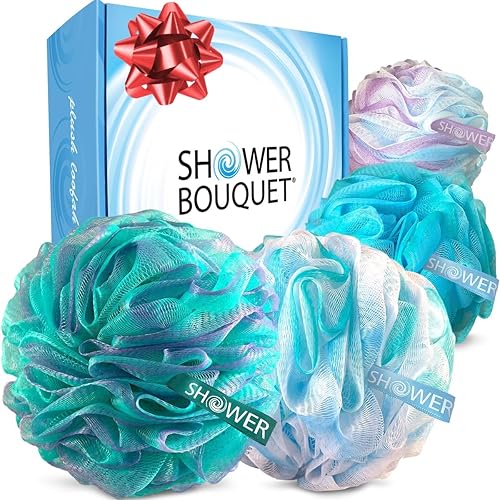 SHOWER BOUQUET Loofah-Bath-Sponge XL Swirl-Mix-Color 4-Pack // Extra-Large 75g Mesh Luffa Loofa Loufa Puff Pouf Set/Exfoliating Body Scrubber