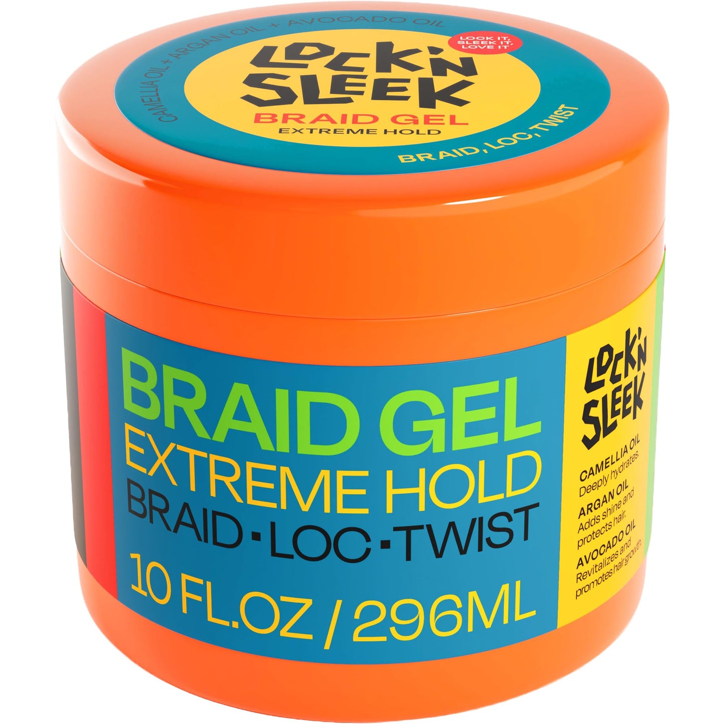LOCK'N SLEEK Braid Gel (10 oz), Extreme Hold, Flake-Free, High Shine Edge Control - Argan, Camellia, Avocado Oil - For Locks, Braids, Twists, Cornrows