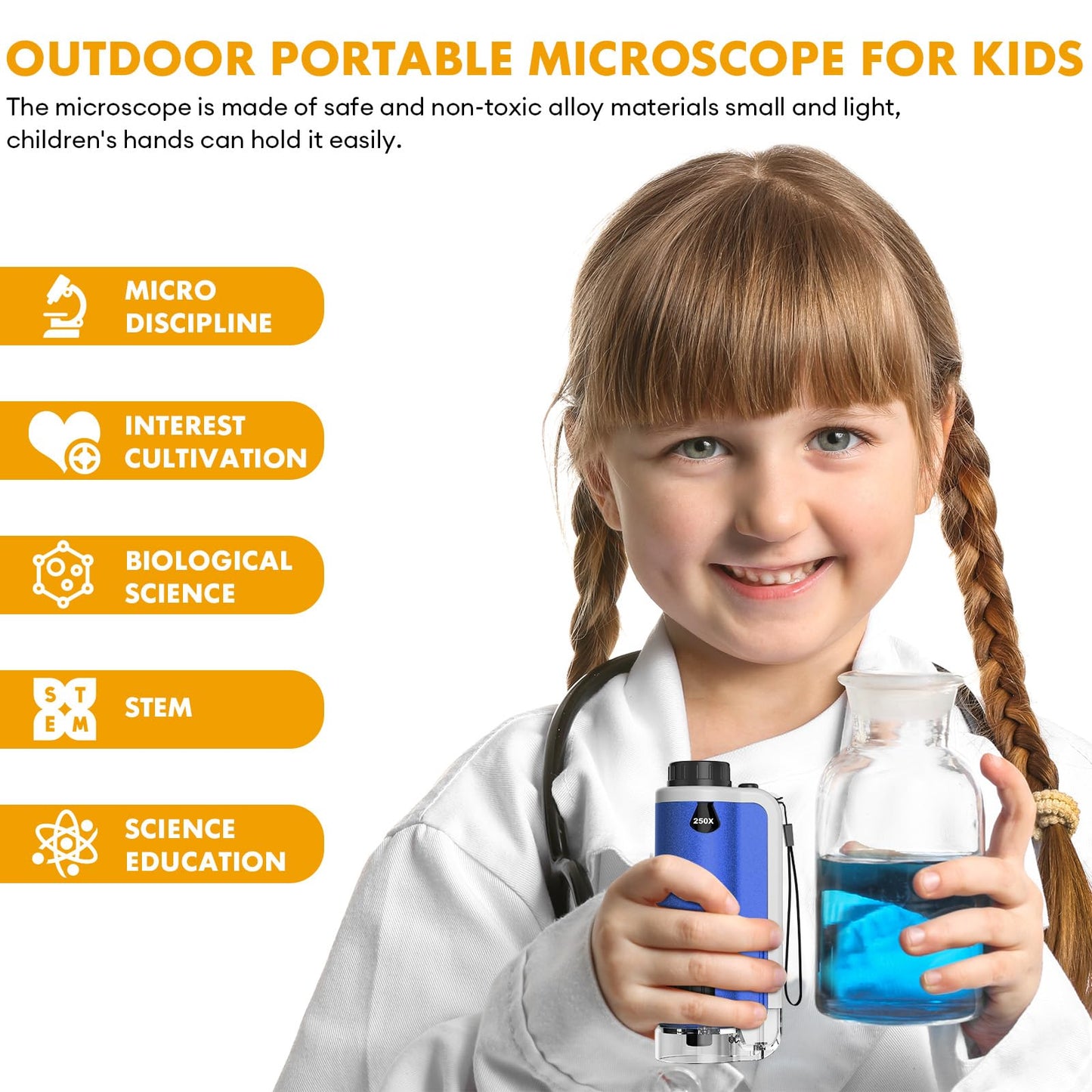 FUICZSN Portable Handheld Mini Microscope for Kids, 100x-250x Zoom with LED Lights, Alloy Pocket Microscope for Boys & Girls, Educational Science Kit (Blue)