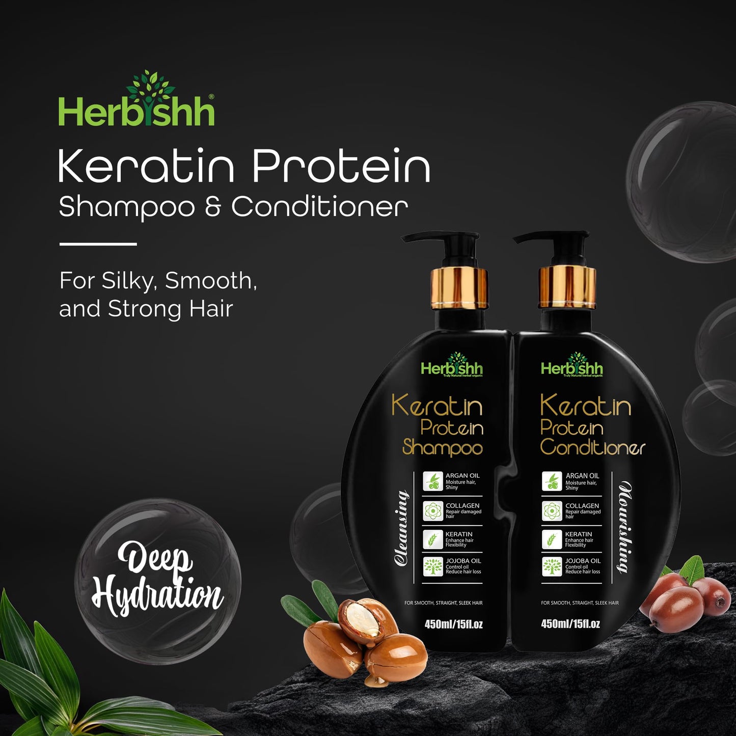 Herbishh Keratin Shampoo and Conditioner Set Anti Frizz (15 fl.oz Each) Sulfate and Paraben Free Shampoo and Conditioner Hydrating & Nourishing