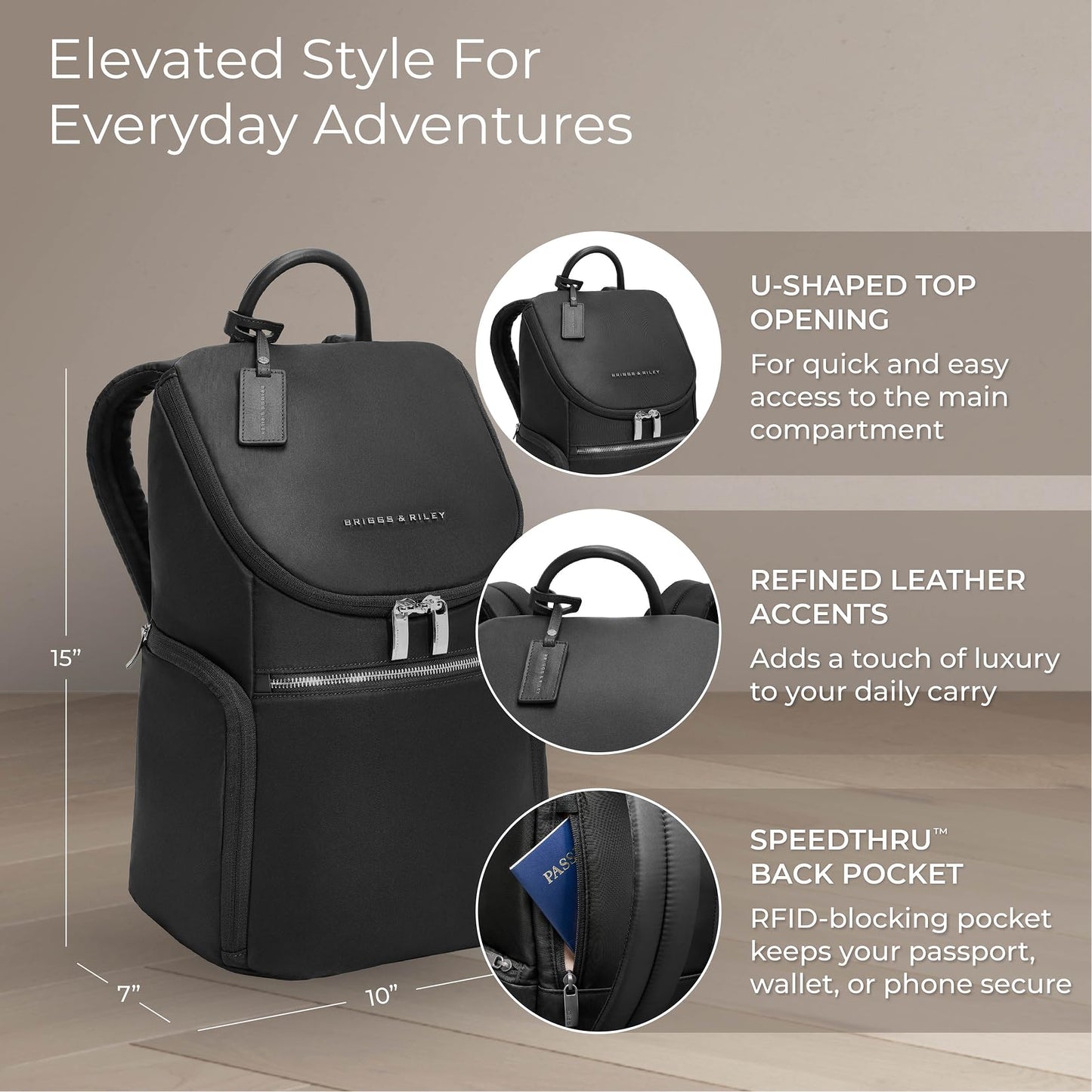 Briggs & Riley U-Zip Backpack - Daypack for Work, Personal Item Travel Bag, Carry On Size, Lightweight & Durable, Padded Straps, Fits up to 13" Laptop - Rhapsody Collection, Black