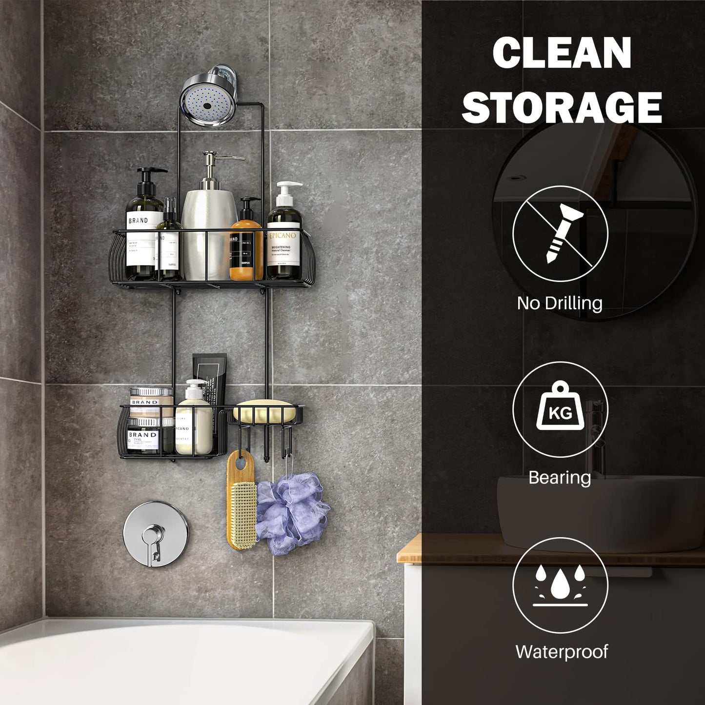 Epicano Shower Caddy Hanging, Anti-Swing Over Head Shower Caddy Rustproof with Hooks for Towels, Sponge and More, Matte Black