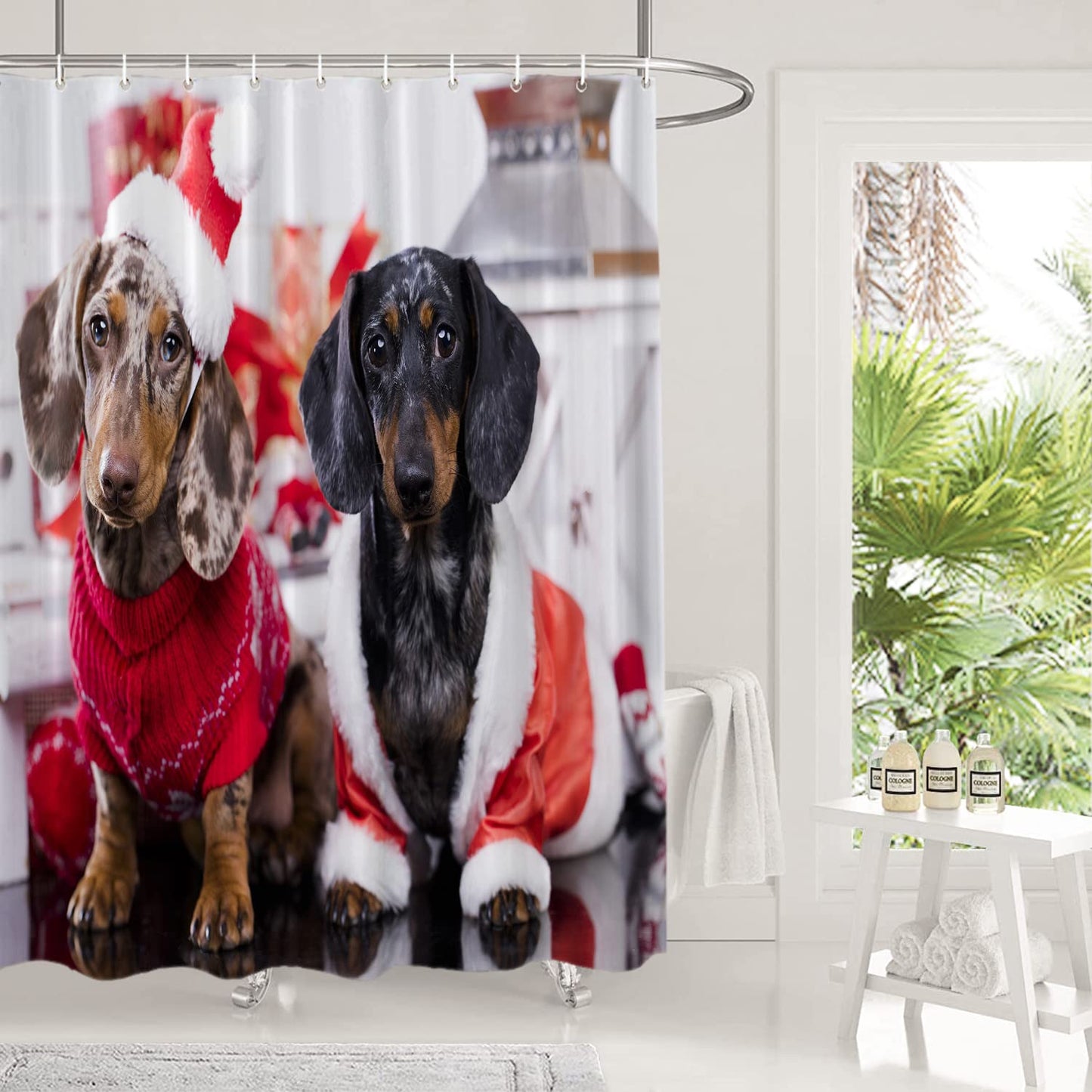 Shrahala Christmas Dog Cat Decorative Shower Curtain, Cute Dachshund Doxie Dog Shower Curtain for Shower Stall Bathtubs Bathroom Decor Waterproof…