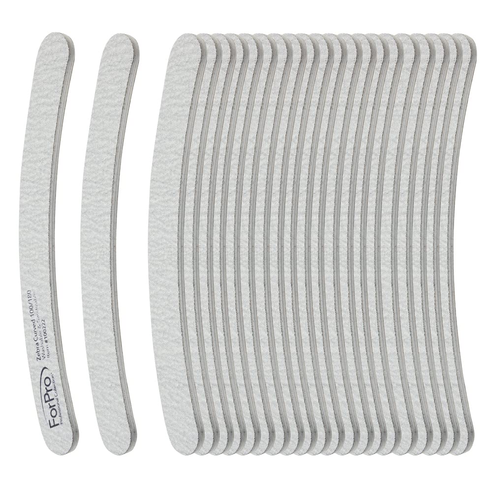ForPro Professional Collection Zebra Curved Foam Board, 100/180 Grit, Double-Sided Manicure and Pedicure Nail Files, 7” L x .75” W, 50-Count