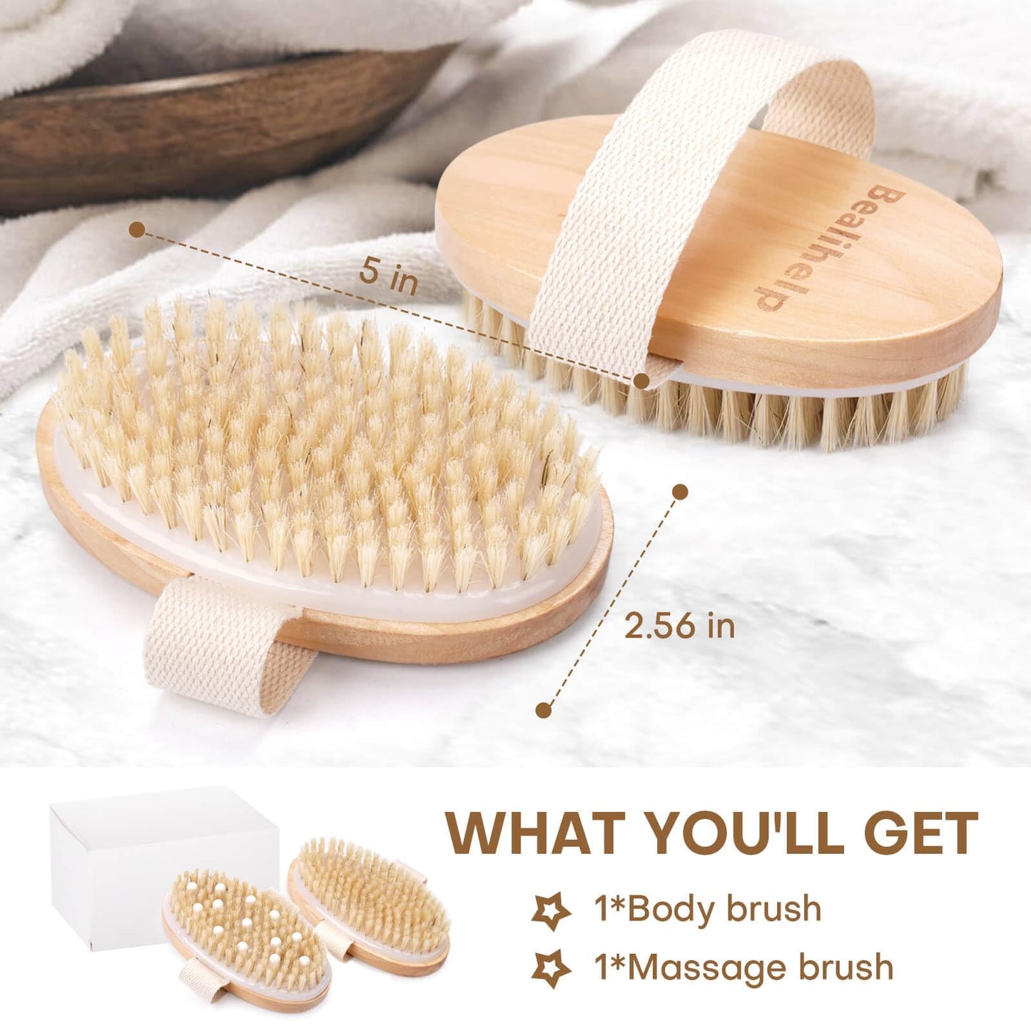 2 Pack Dry Brushing Body Brush, Natural Bristle Exfoliating Brush with Massage Nodes, for Lymphatic Drainage and Improving Skin Health and Reduces Beauty and Personal Care Bealihelp