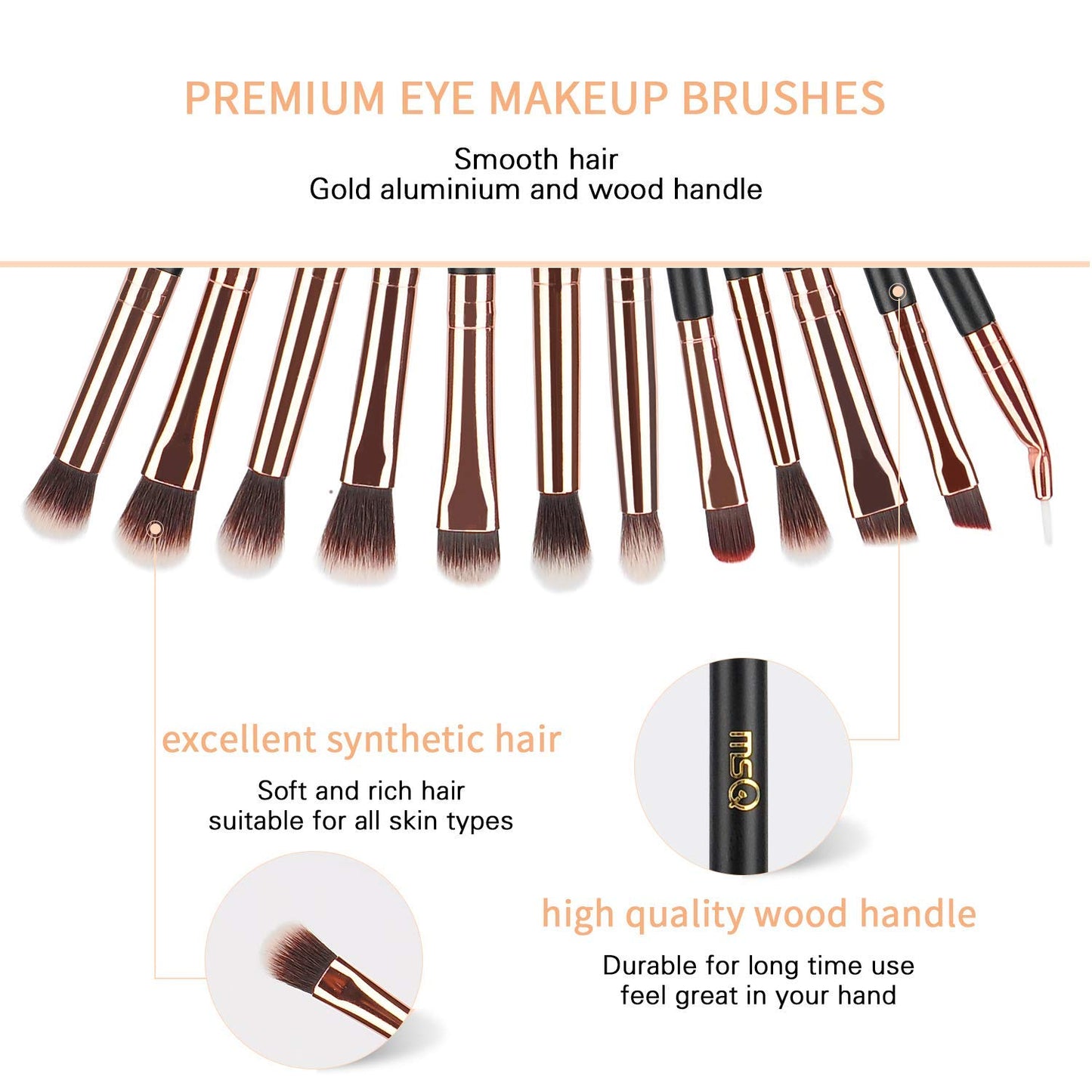 MSQ Eye Makeup Brushes 12pcs Rose Gold Eyeshadow Makeup Brushes Set with Soft Synthetic Hairs & Real Wood Handle for Eyeshadow, Eyebrow, Eyeliner