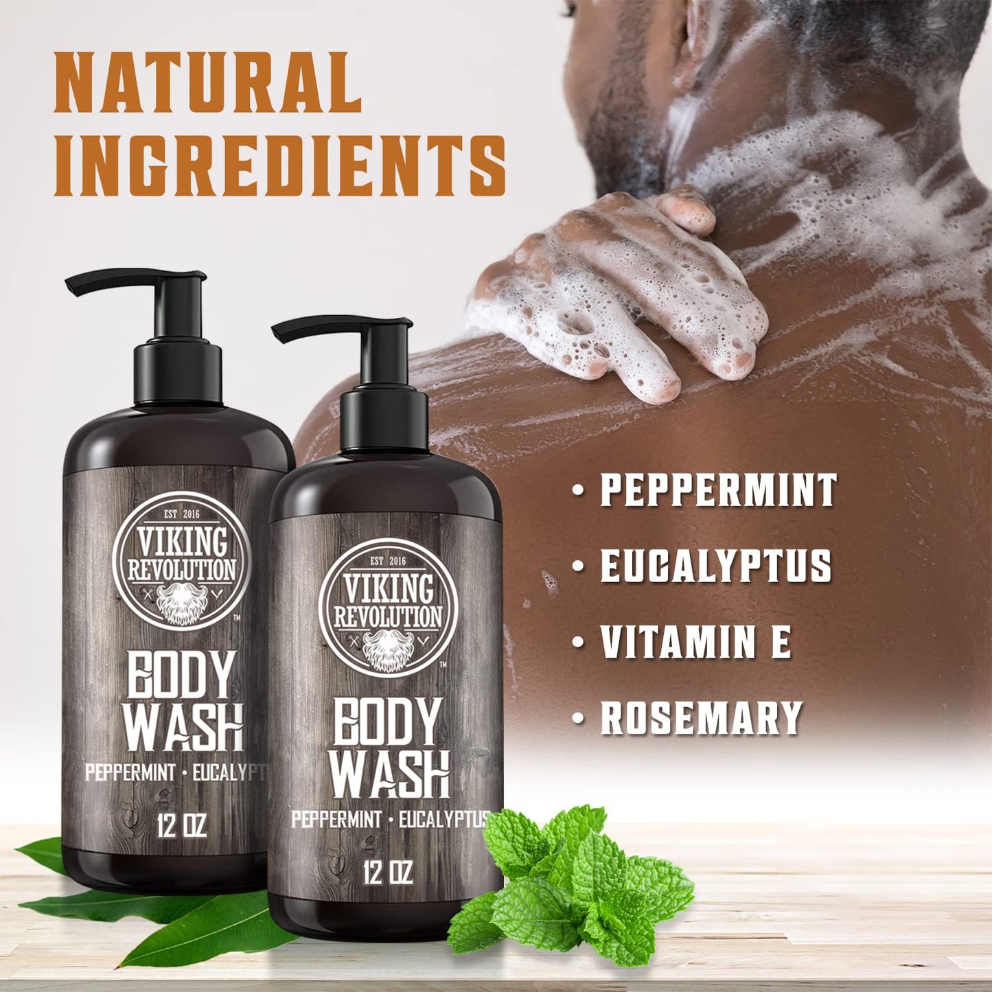 Viking Revolution Men's Body Wash - Eucalyptus Peppermint Body Wash for Men - Mens Natural Body Wash with Vitamin E and Rosemary Oil - Mens Shower Gel
