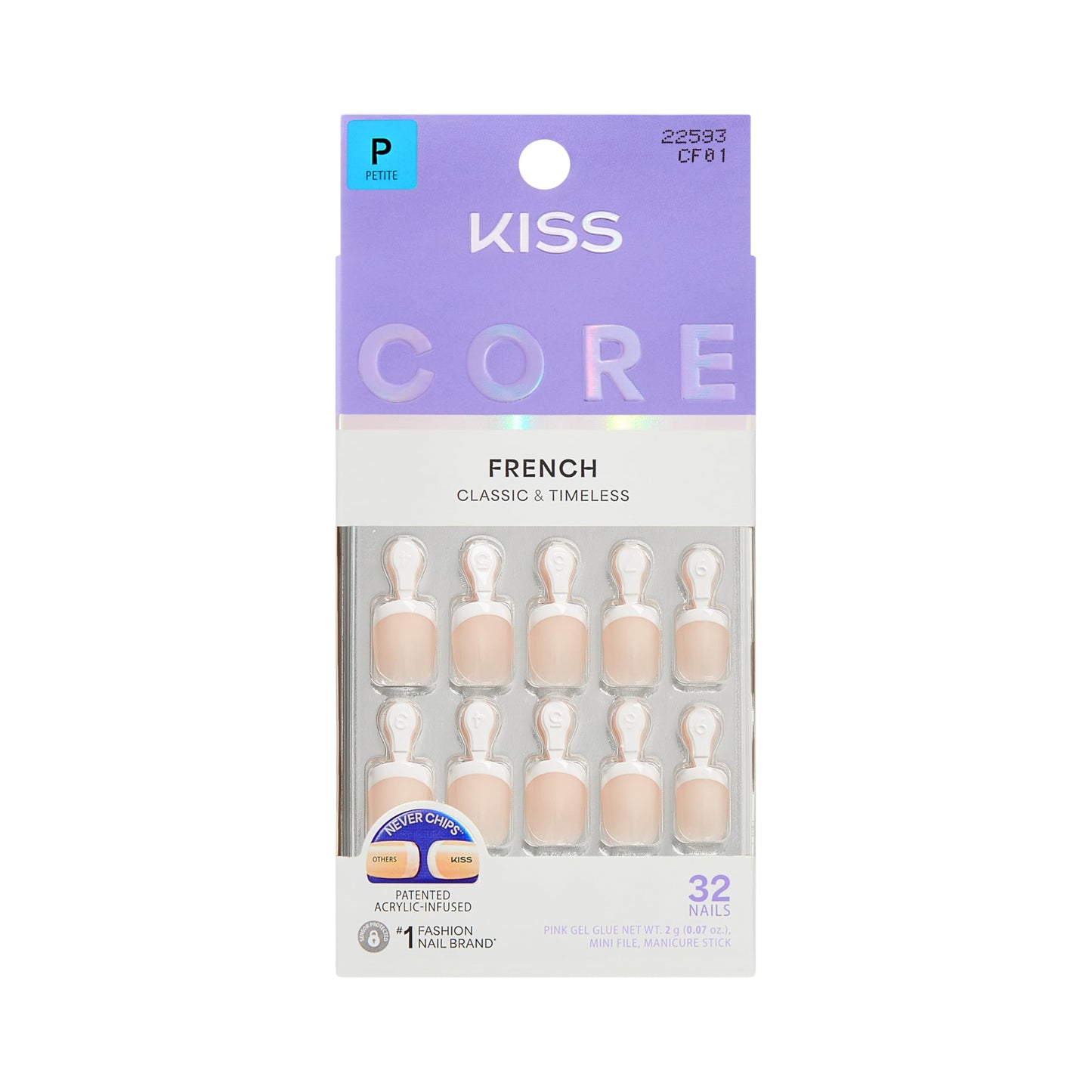 Kiss Core, Press On Nails, Nail glue included, 'Perfection', White, Petite Size, Squoval Shape, Includes 32 Nails, 2g Glue, 1 Manicure Stick, 1 Mini Beauty & Personal Care KISS