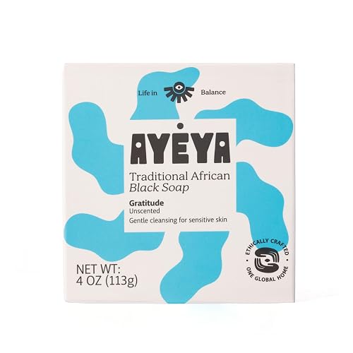 AYÉYA African Black Soap Bar, Fragrance Free (Gratitude) - Exfoliating Bar Soap for Dry, Combination, Sensitive, Acne-Prone Skin, 4 Oz