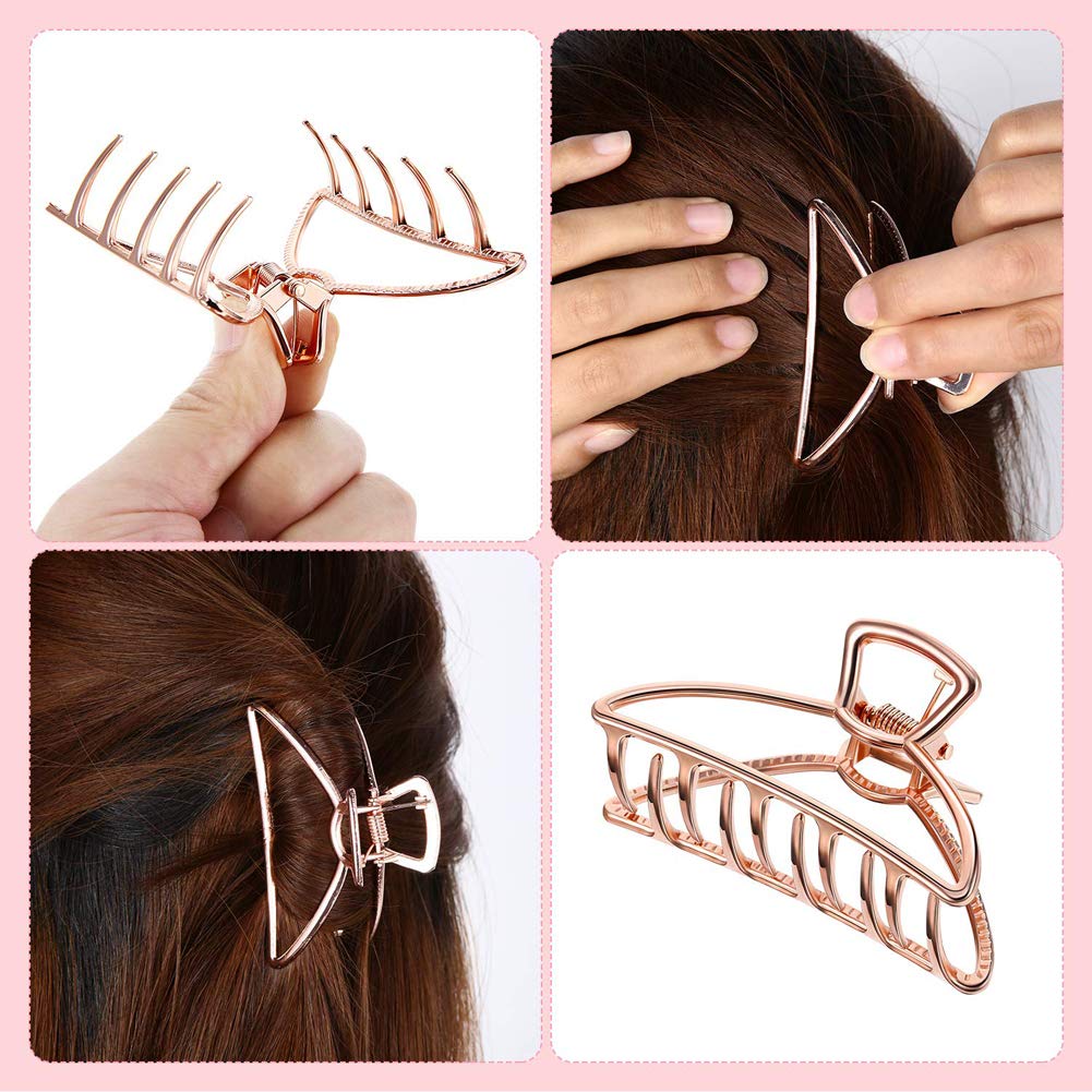 Emoly 3 Pack Large Metal Claw Clips Hollow Non-slip Hair Catch Jaw Clamp for Women Girls Hair Barrette for Fixing Hair (Silver&Gold&Rose Gold)