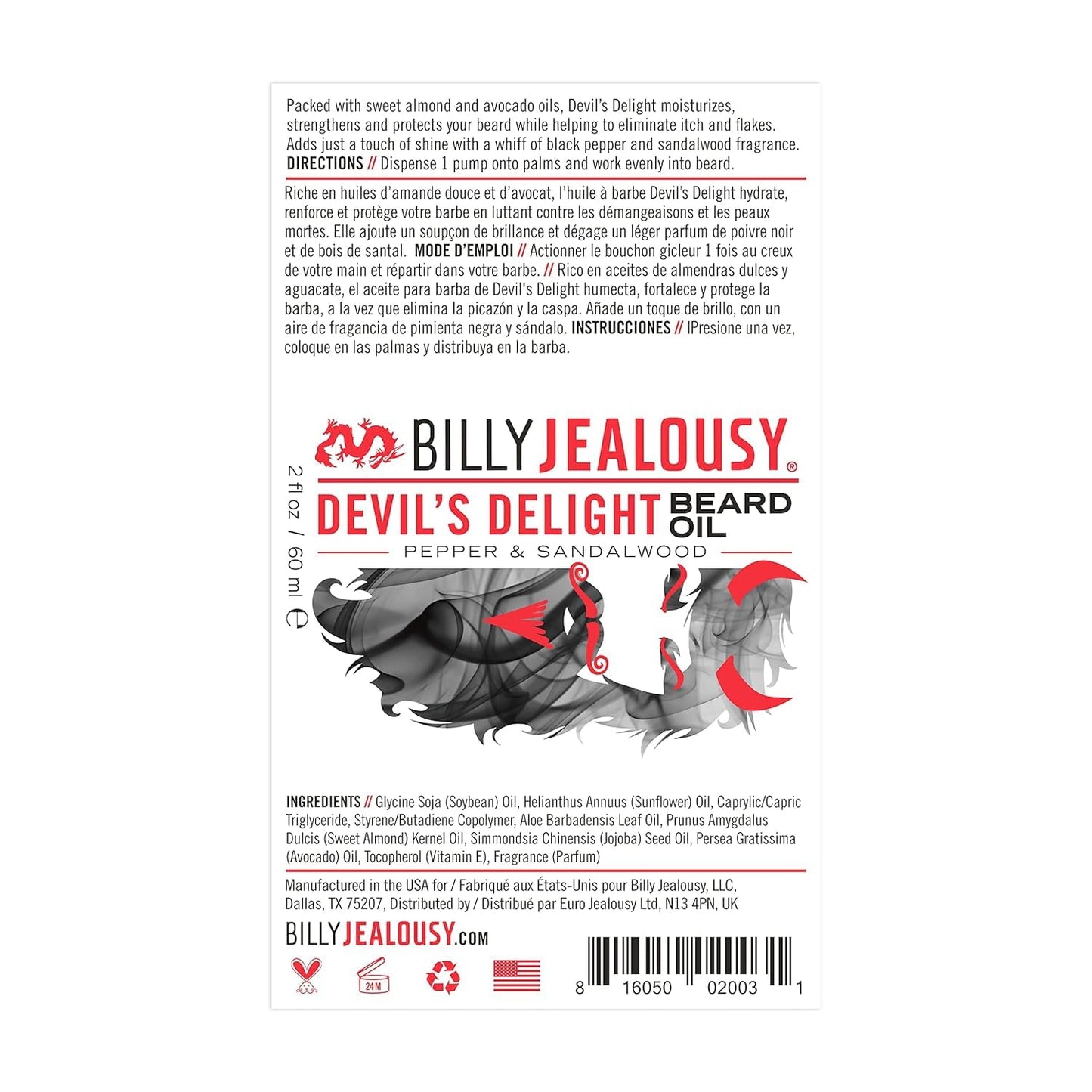 Billy Jealousy Beard Oil for Men, Weightless, Low Shine, and Hydrating Beard Moisturizer for Softer Hair, Helps Prevent Itching and Flakes, Devil's