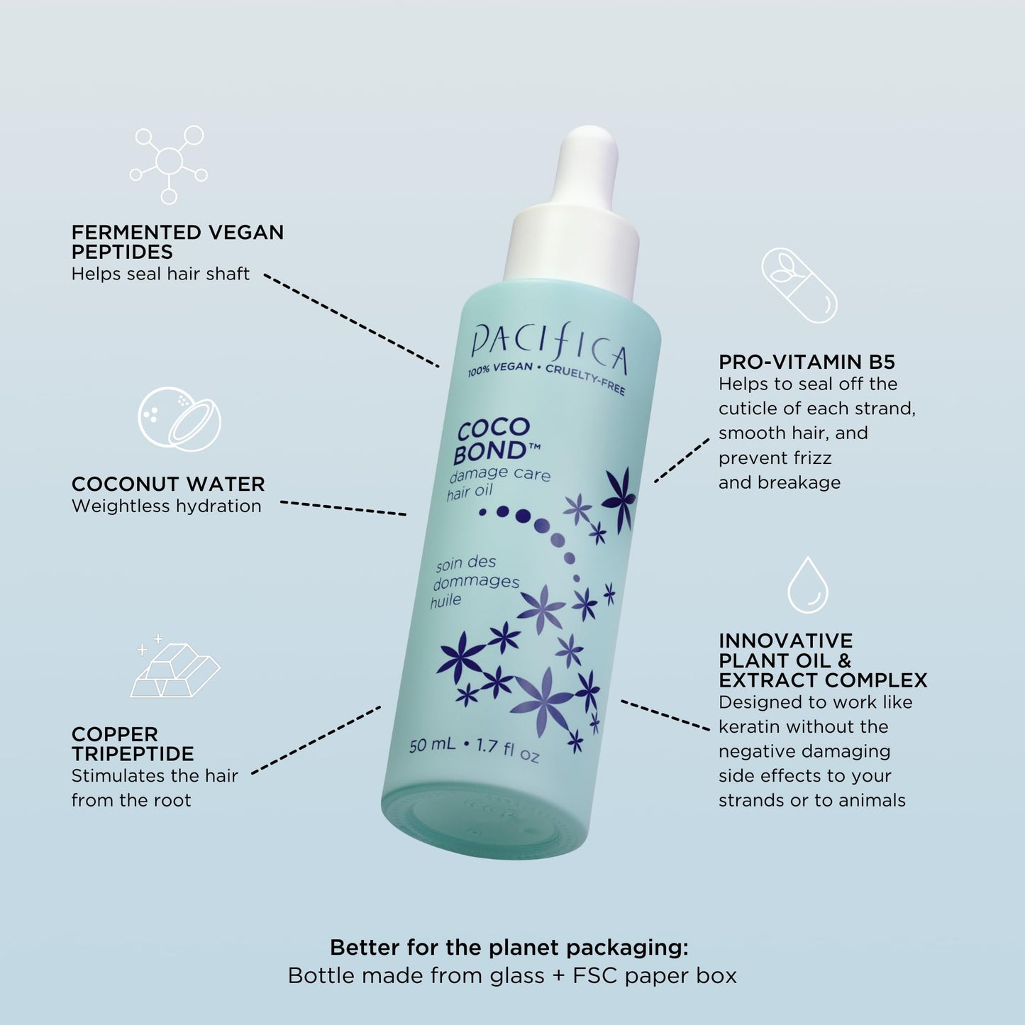 Pacifica Beauty, Coco Bond Hair Oil, Tame Flyaways, Overnight Treatment with Vitamins, Peptides, Moisturizing Repair for Glossy, Smooth